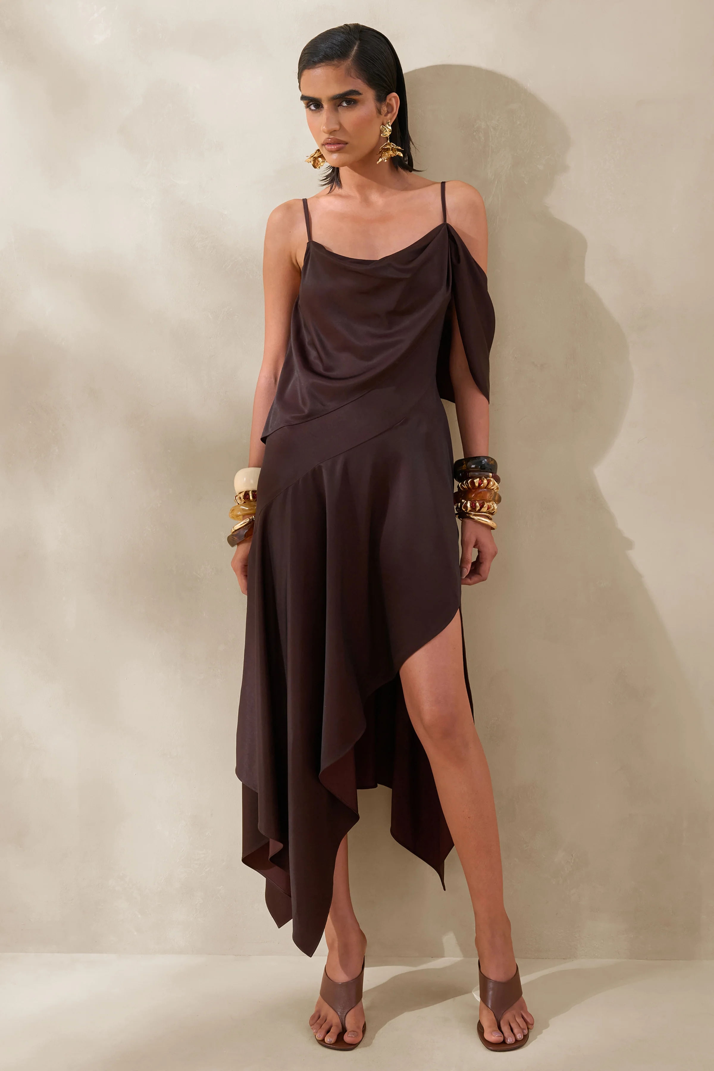 Helira | Brown Asymmetric Midi Dress With Draping Detailing and Open-Back - Image 4
