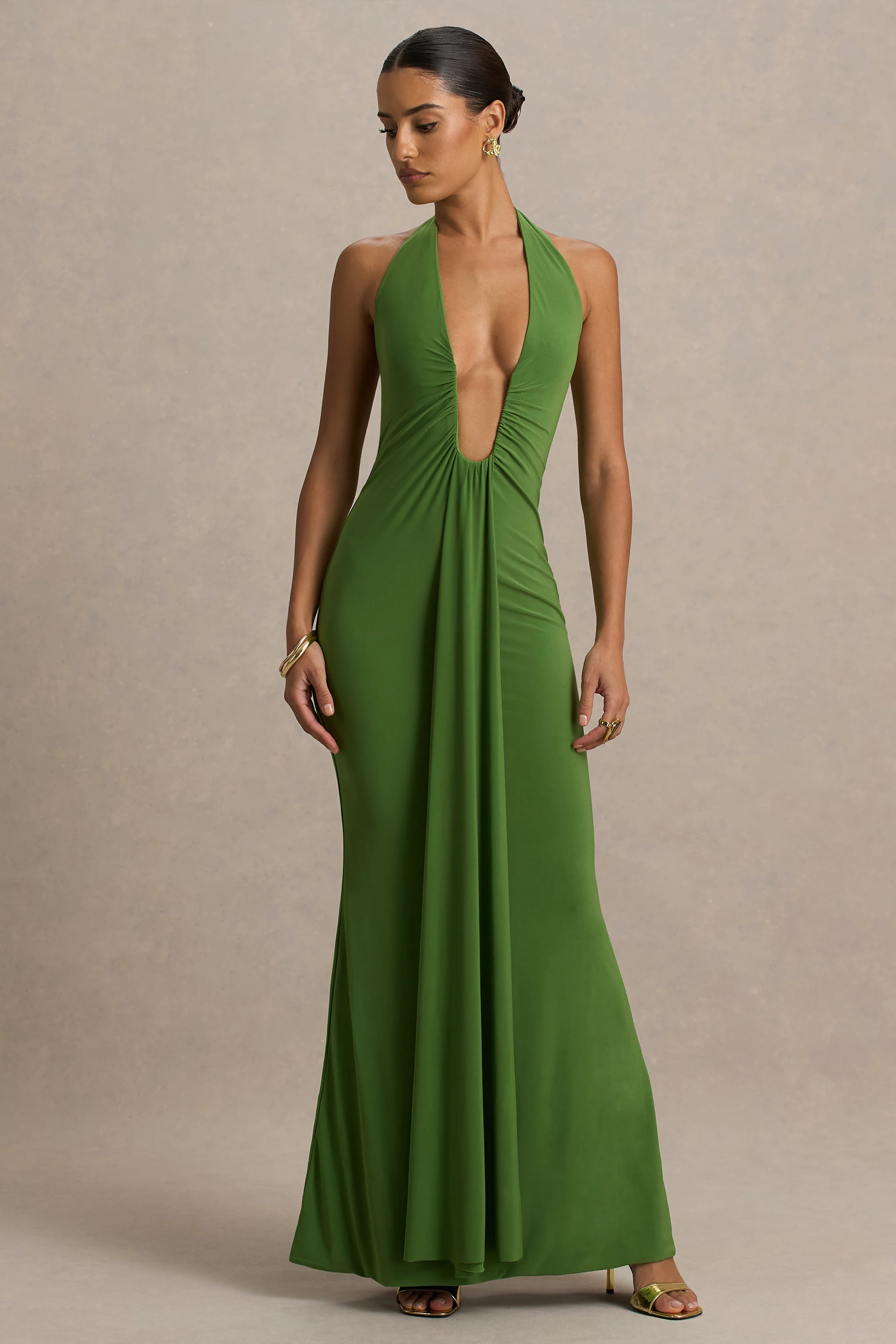 Hera | Green Extreme Plunge Maxi Dress With Ruched Detail - Image 3