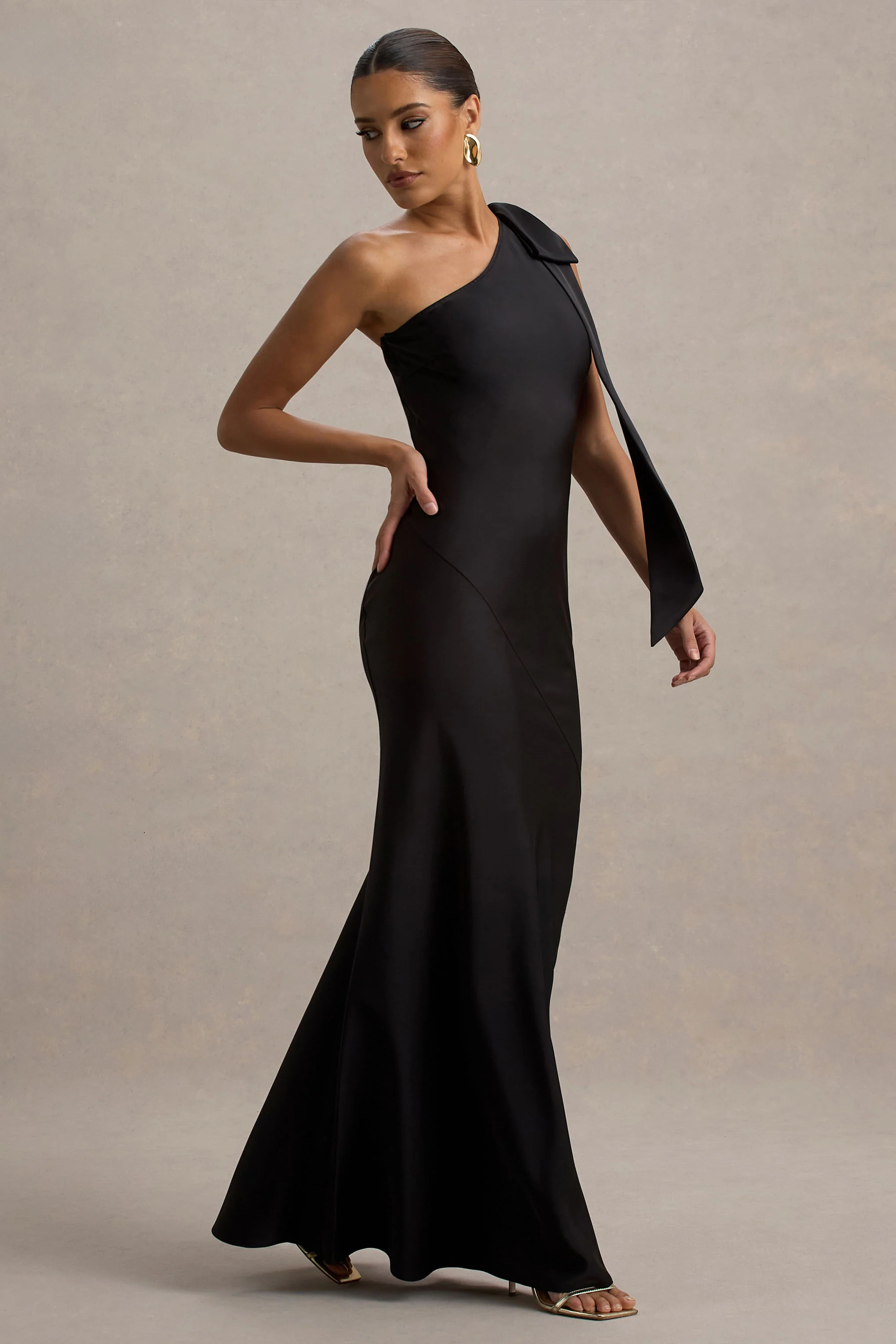 Here For Love | Black Satin Asymmetric Maxi Dress With Bow - Image 6