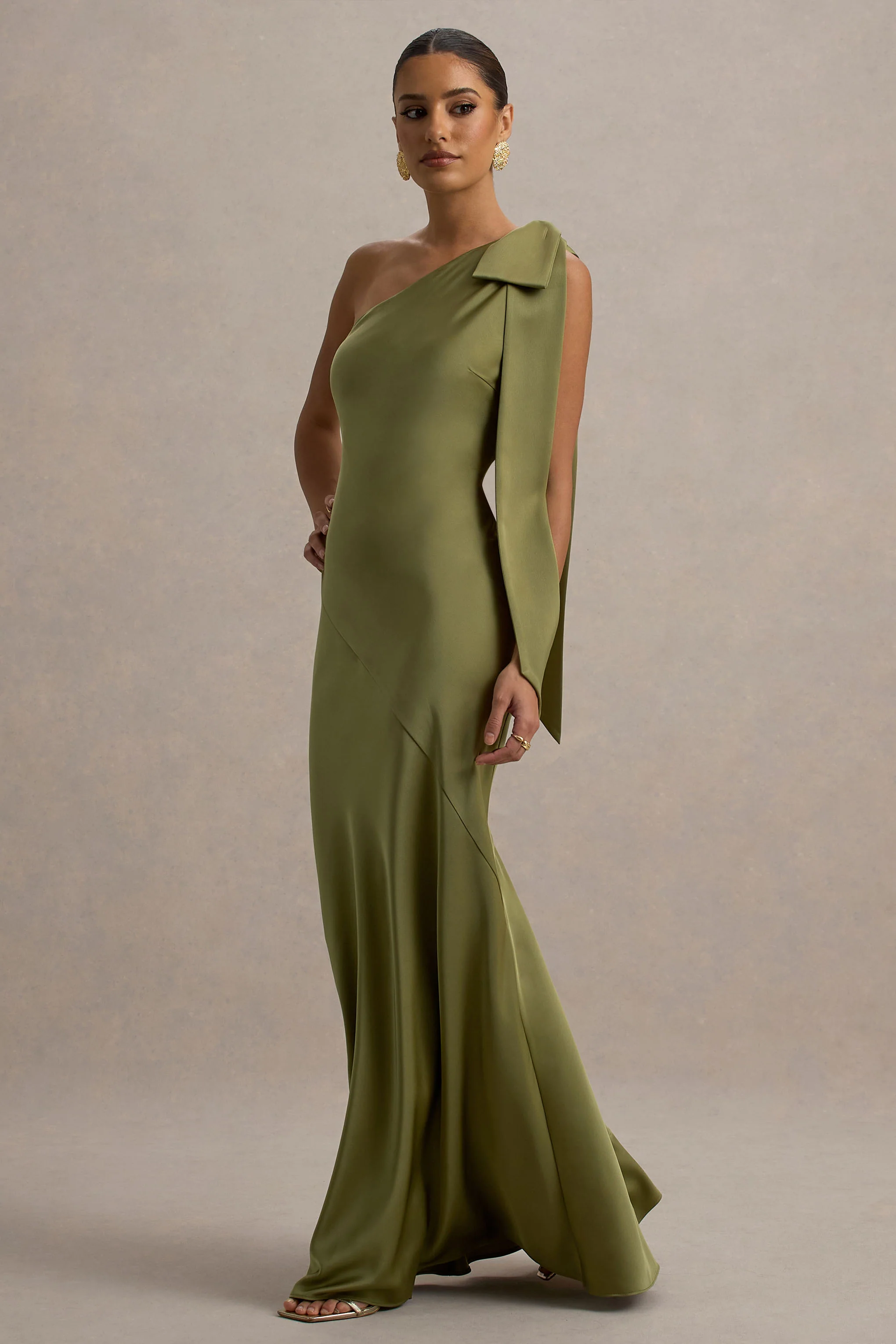 Here For Love | Khaki Satin Asymmetric Maxi Dress With Bow - Image 4