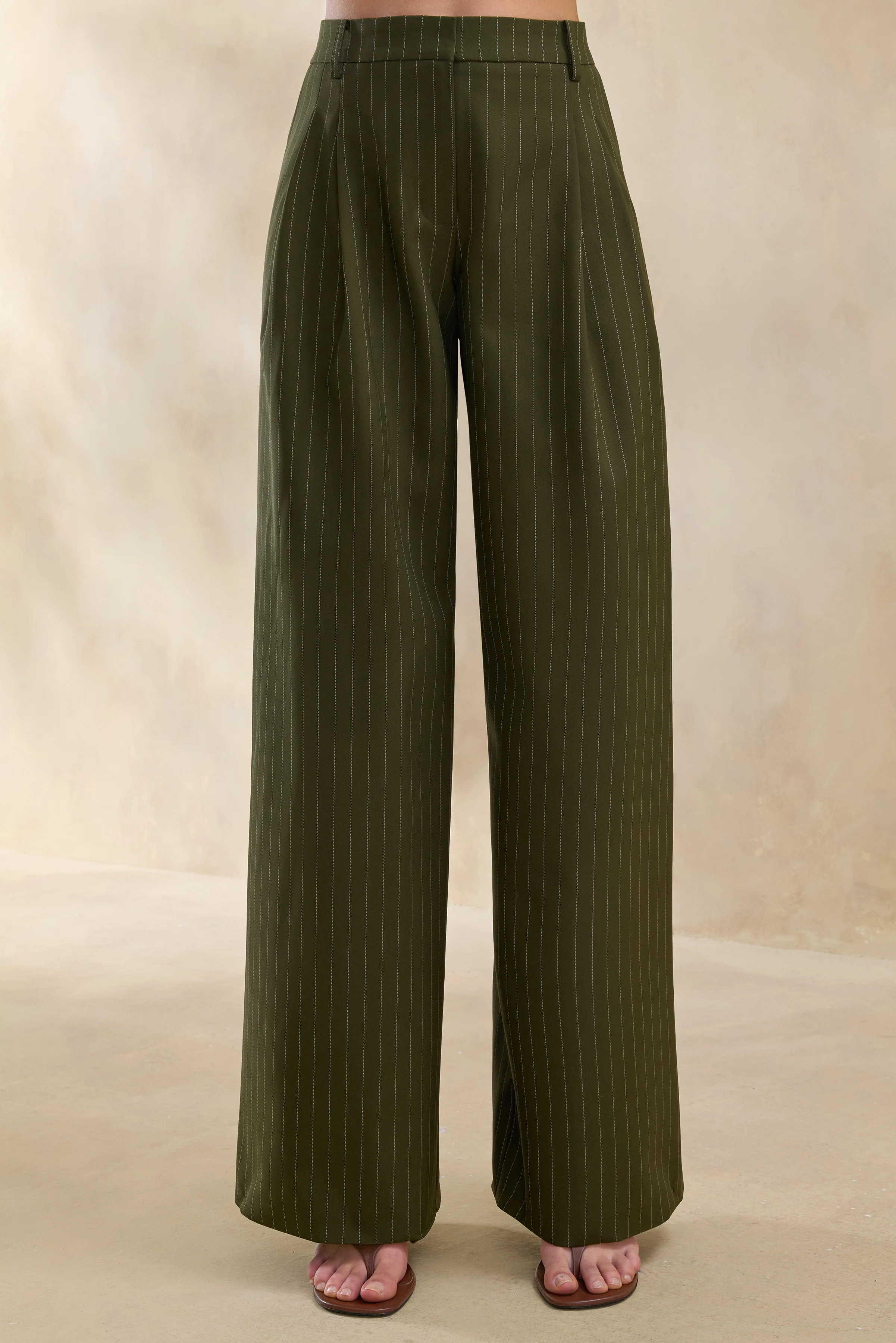 Hesper | Olive Pinstripe Wide-Leg Tailored Trouser - Image 3