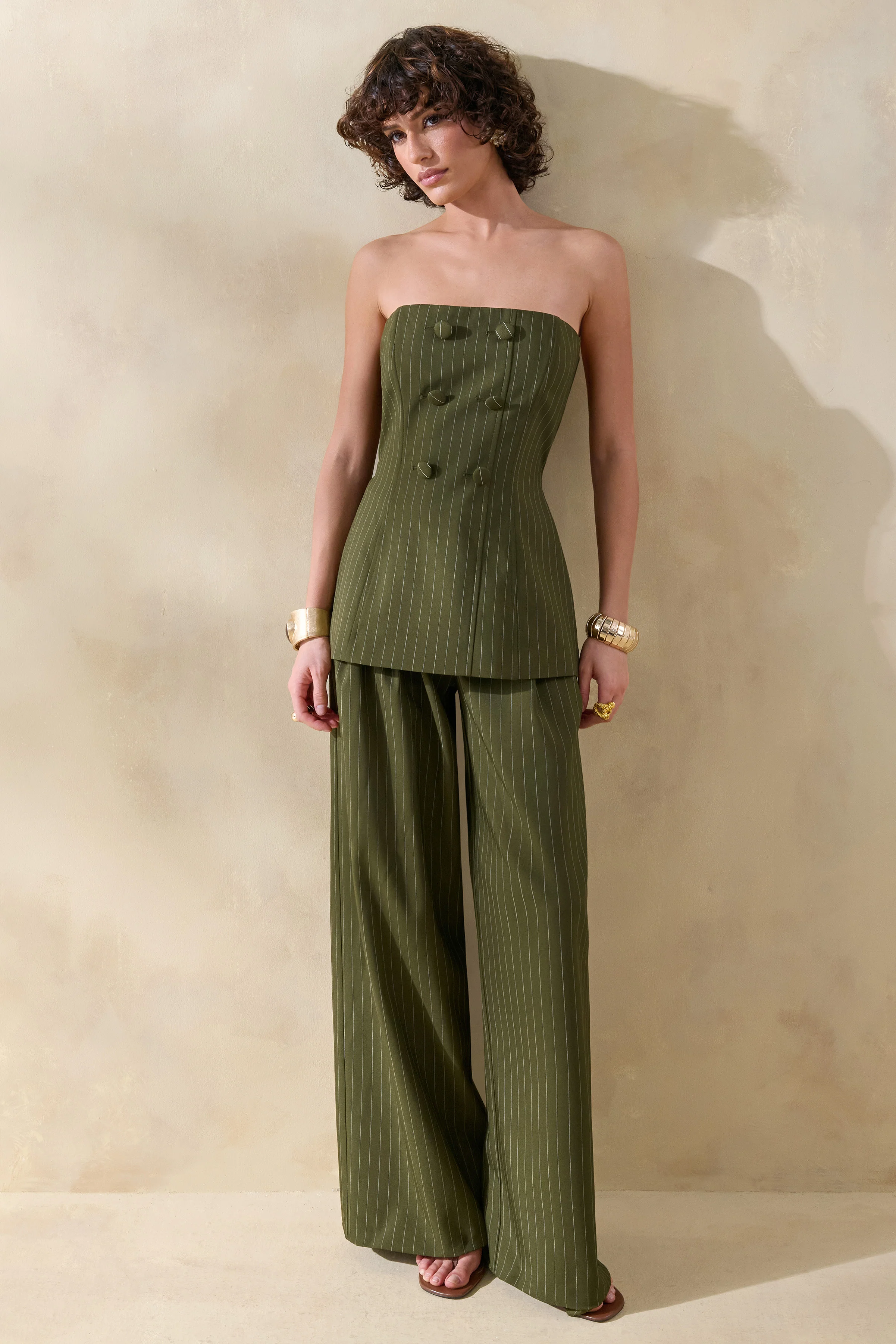 Hesper | Olive Pinstripe Wide-Leg Tailored Trouser - Image 5