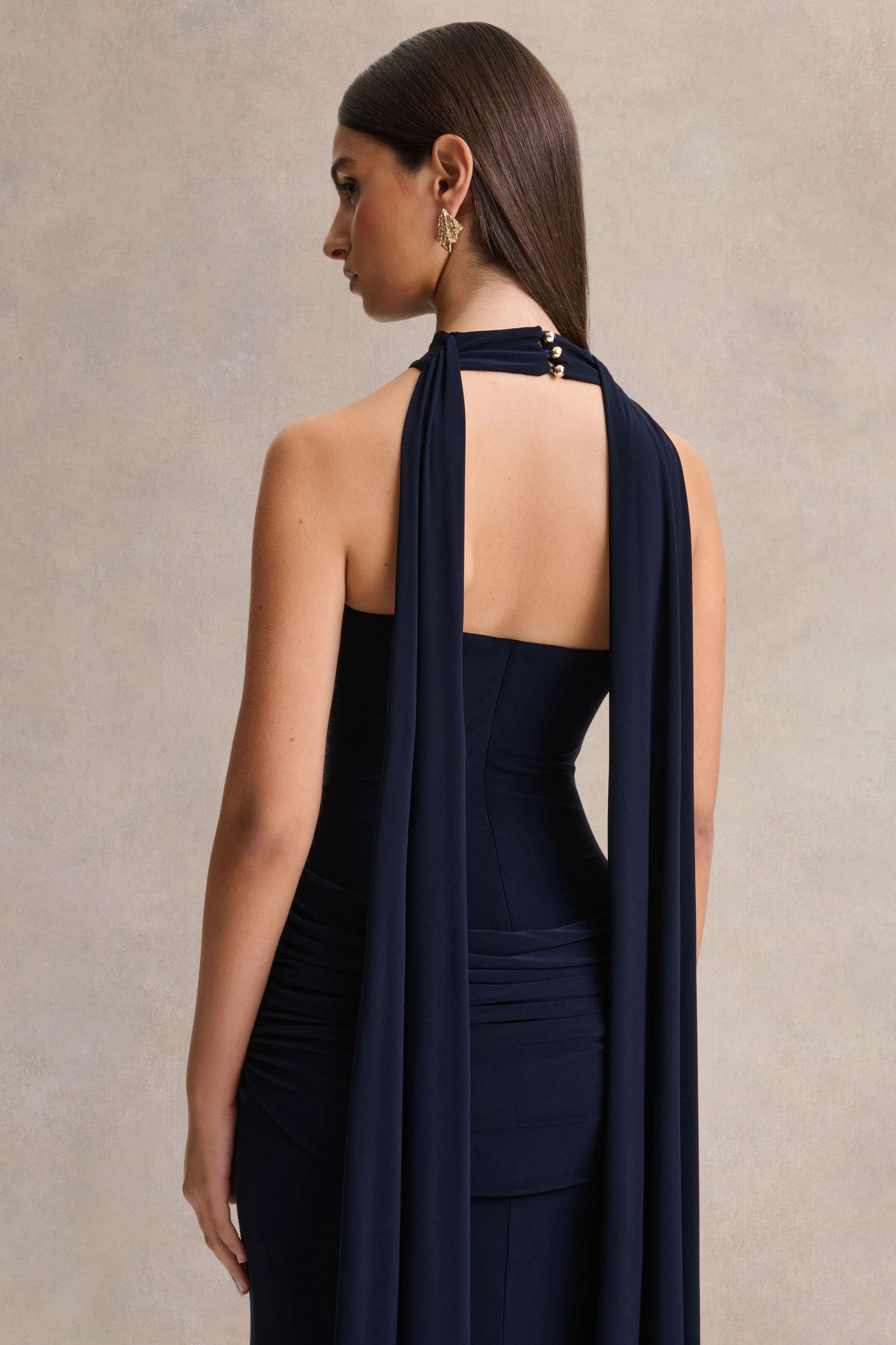Hesperia | Navy High-Neck Maxi Dress With Draped-Detailing And Scarf - Image 2