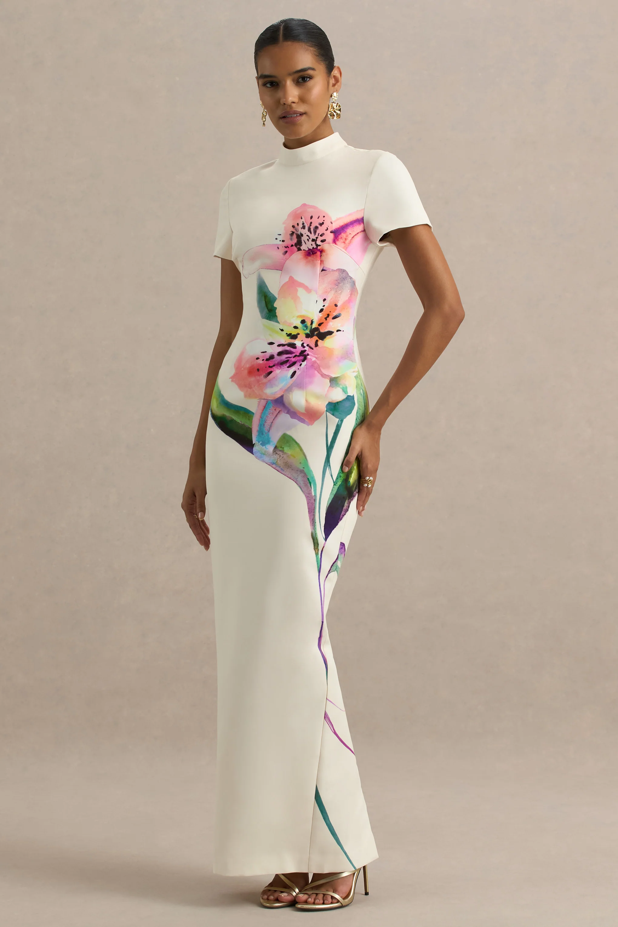 Hessie | White Lily Print High-Neck Maxi Dress - Image 3