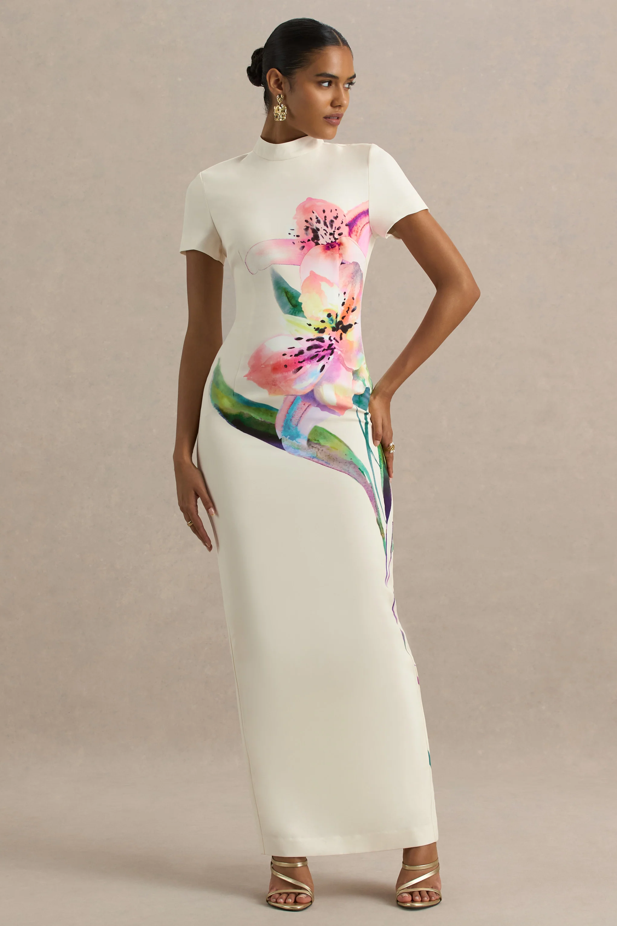 Hessie | White Lily Print High-Neck Maxi Dress - Image 4