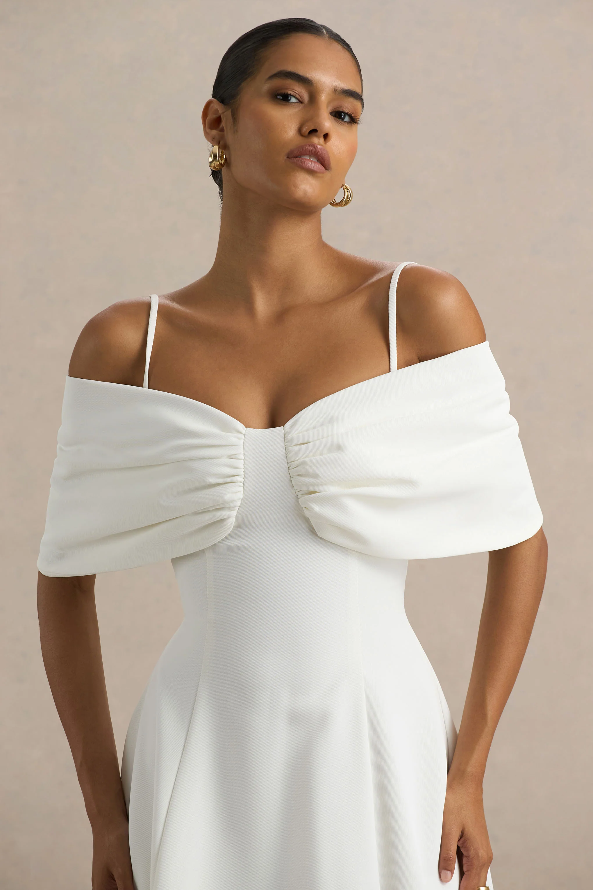 Hettie | White Short-Sleeve Bardot Midi Dress With Bow Detail - Image 6