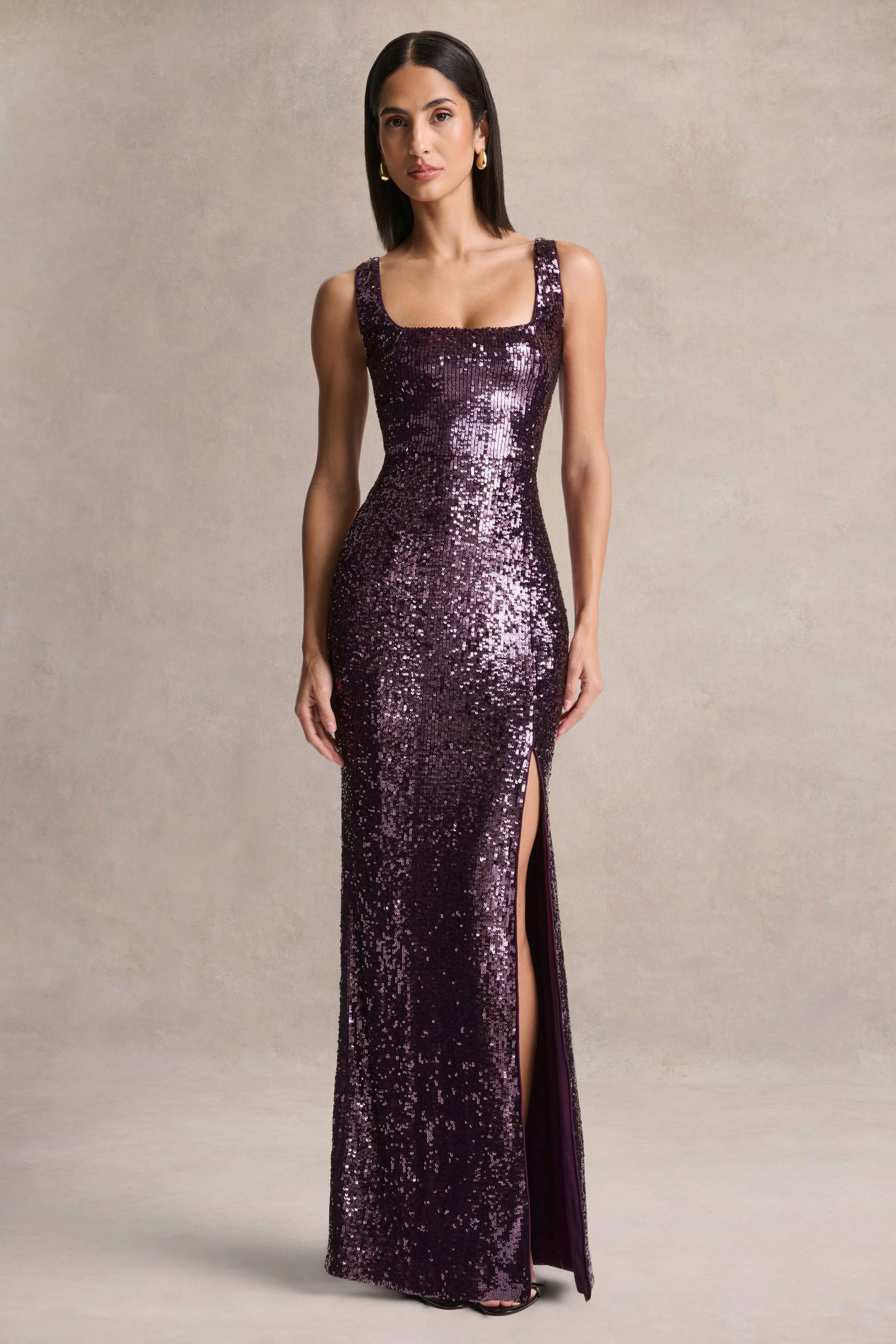 High Life | Plum Sequin Square-Neck Maxi Dress With Front-High Split - Image 5
