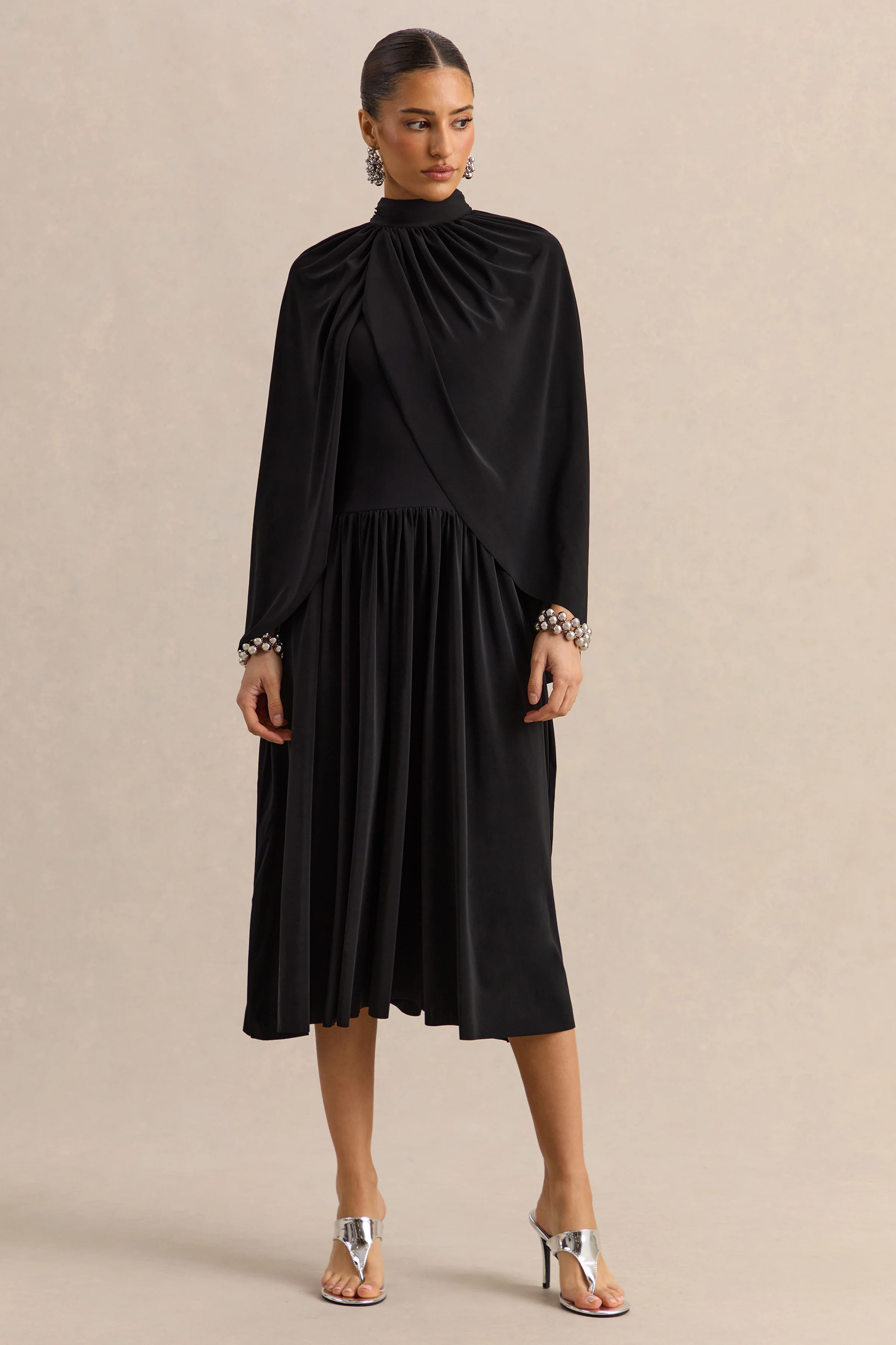 Honora | Black High-Neck Midi Dress With Cape-Sleeves - Image 2