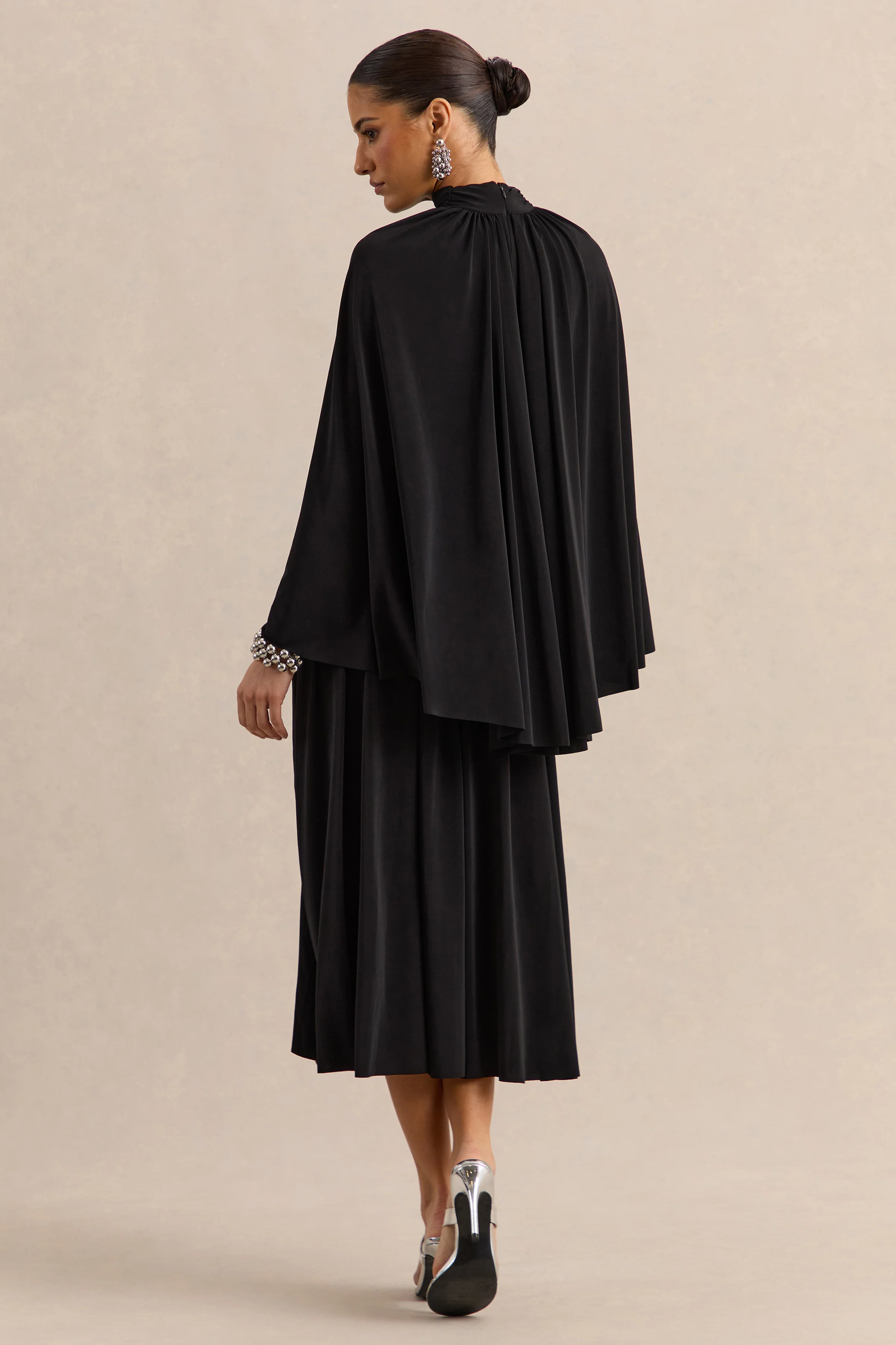 Honora | Black High-Neck Midi Dress With Cape-Sleeves - Image 3
