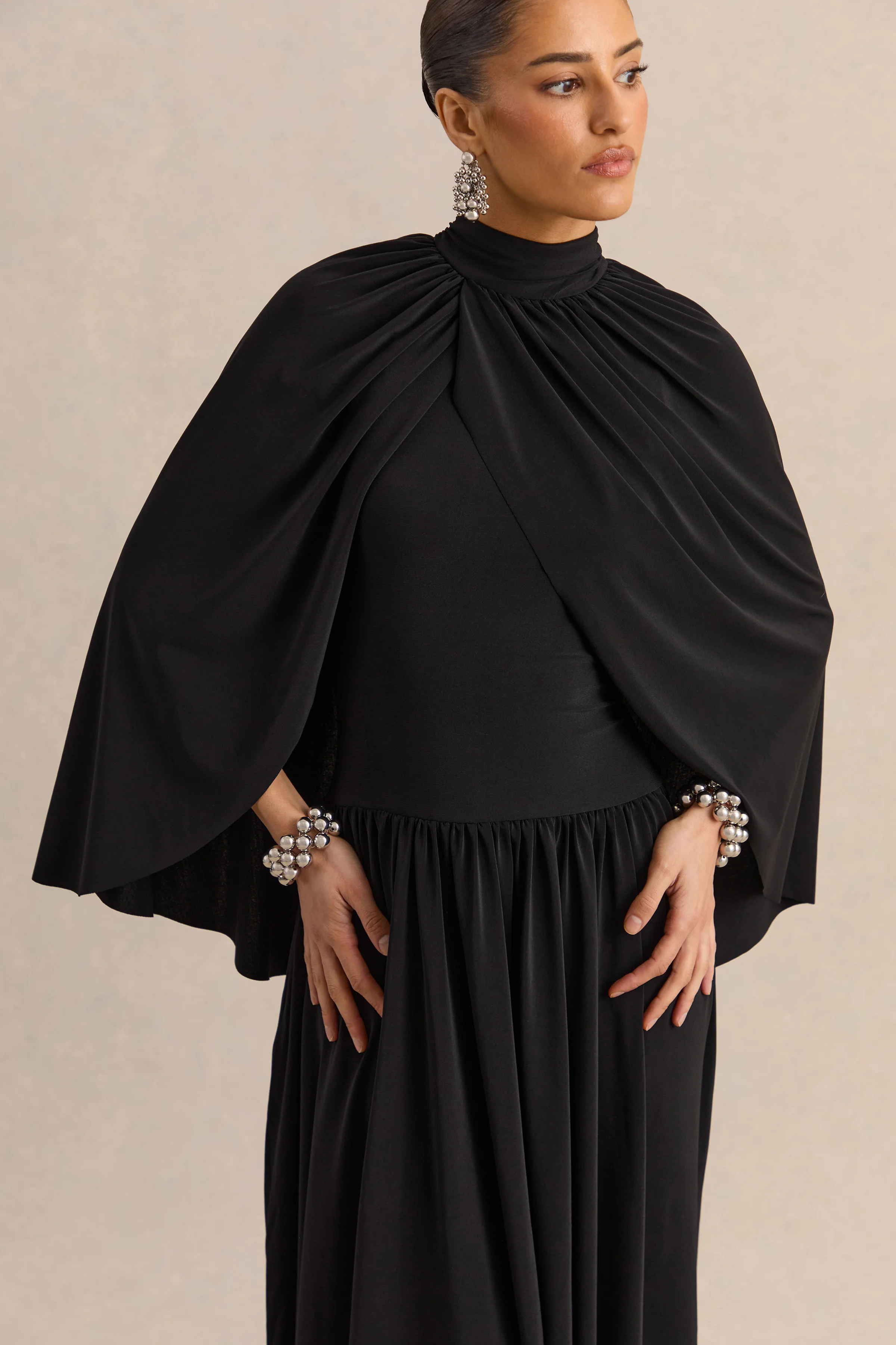 Honora | Black High-Neck Midi Dress With Cape-Sleeves - Image 4