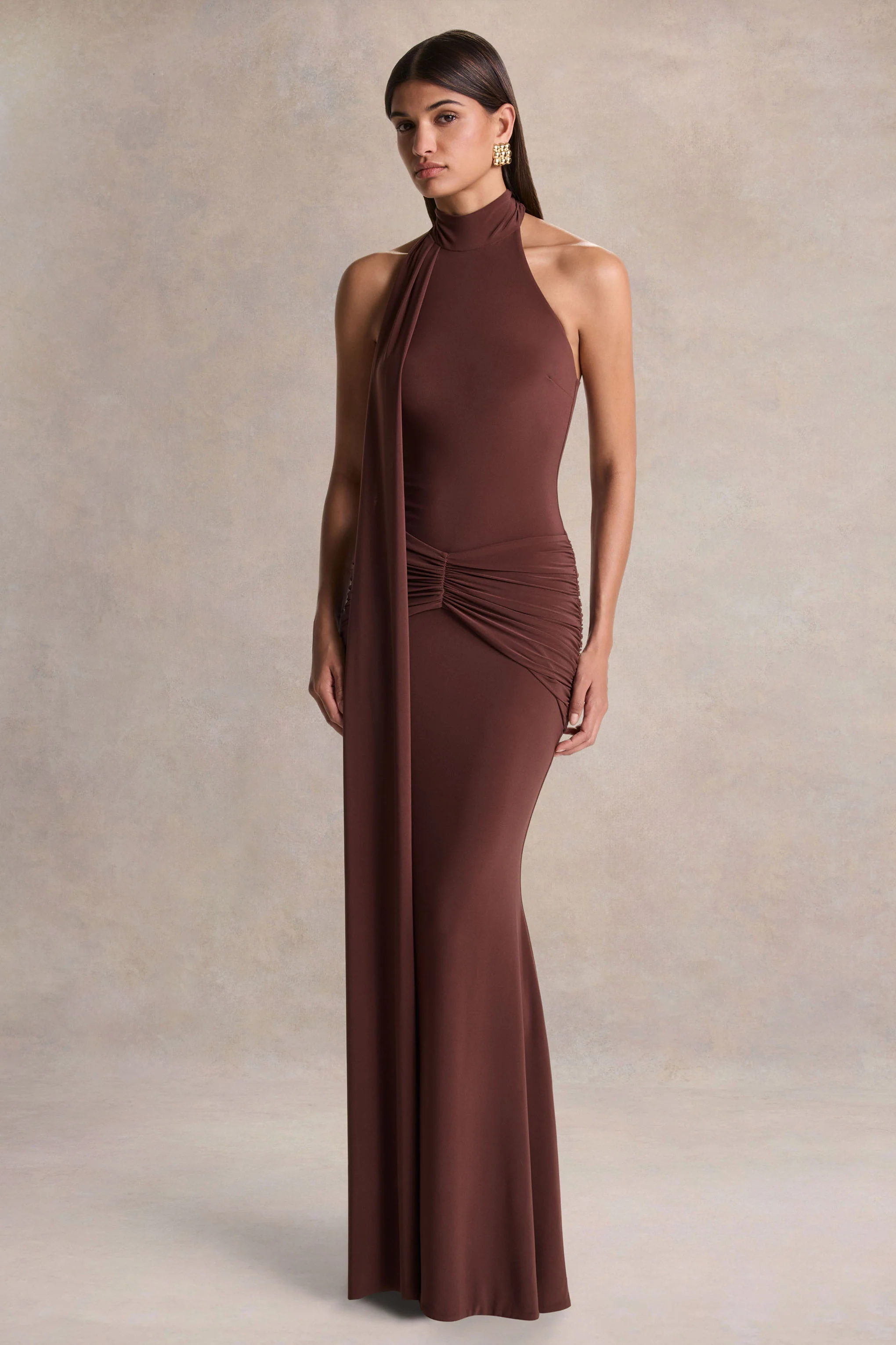 Hyla | Brown High-Neck Maxi Dress With Sash-Detail - Image 4