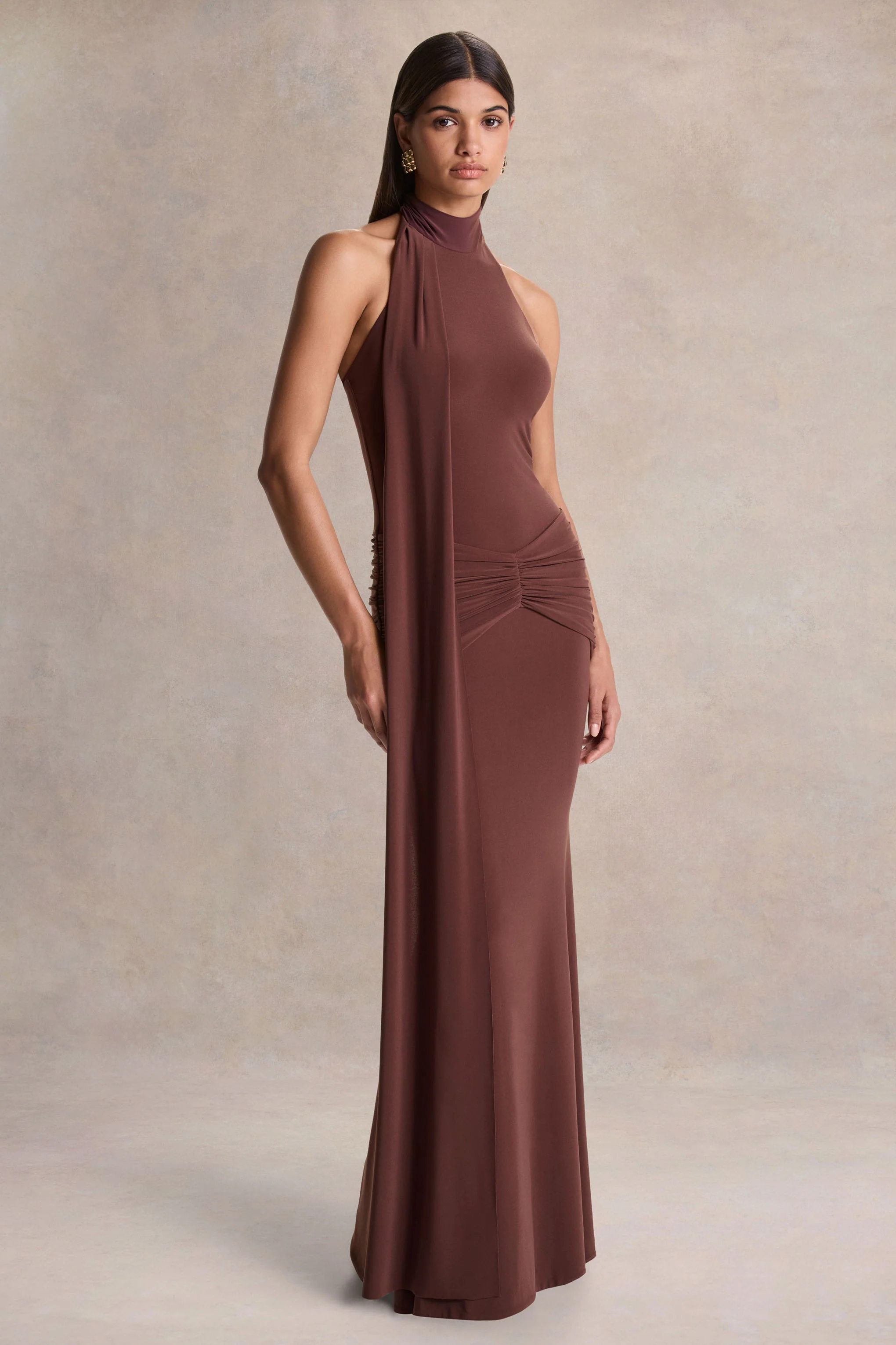 Hyla | Brown High-Neck Maxi Dress With Sash-Detail - Image 5