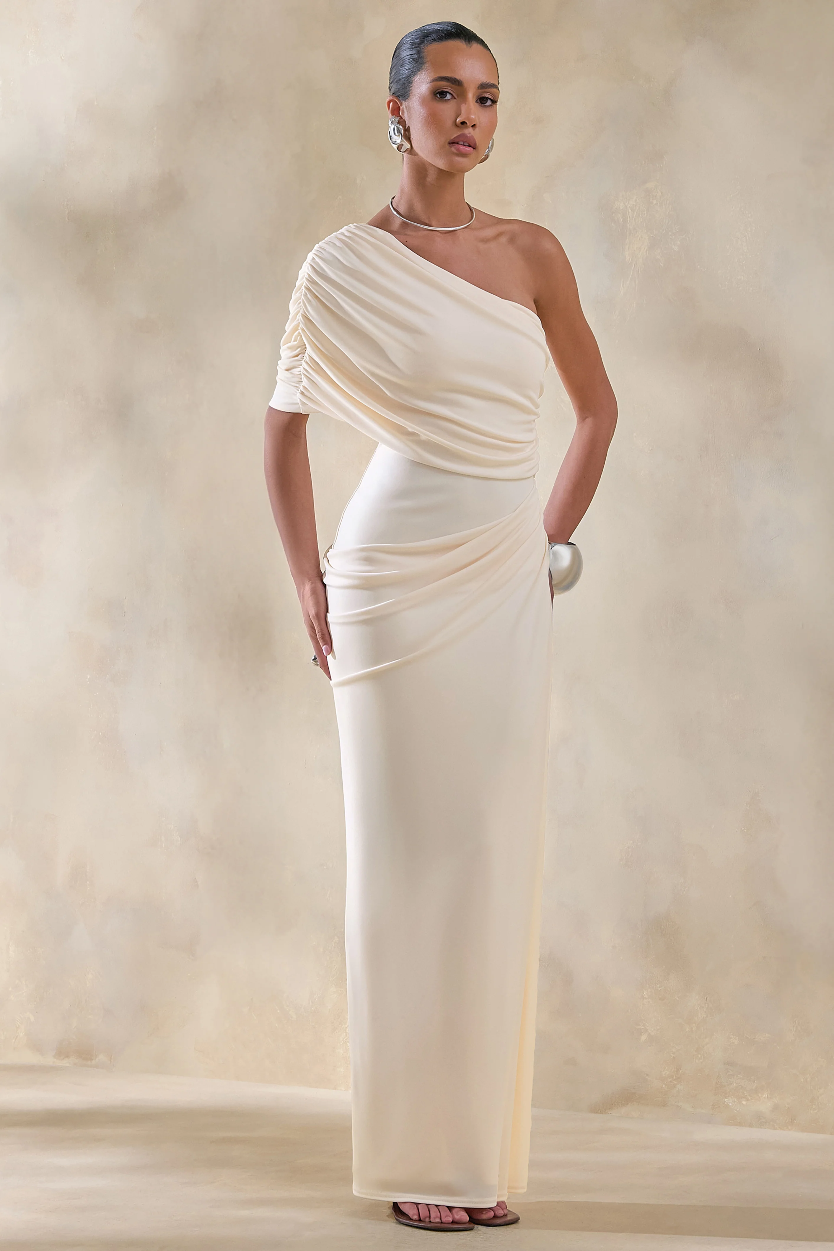 Iberia | Cream Asymmetric-Neck Maxi Dress With Draped Detail - Image 6