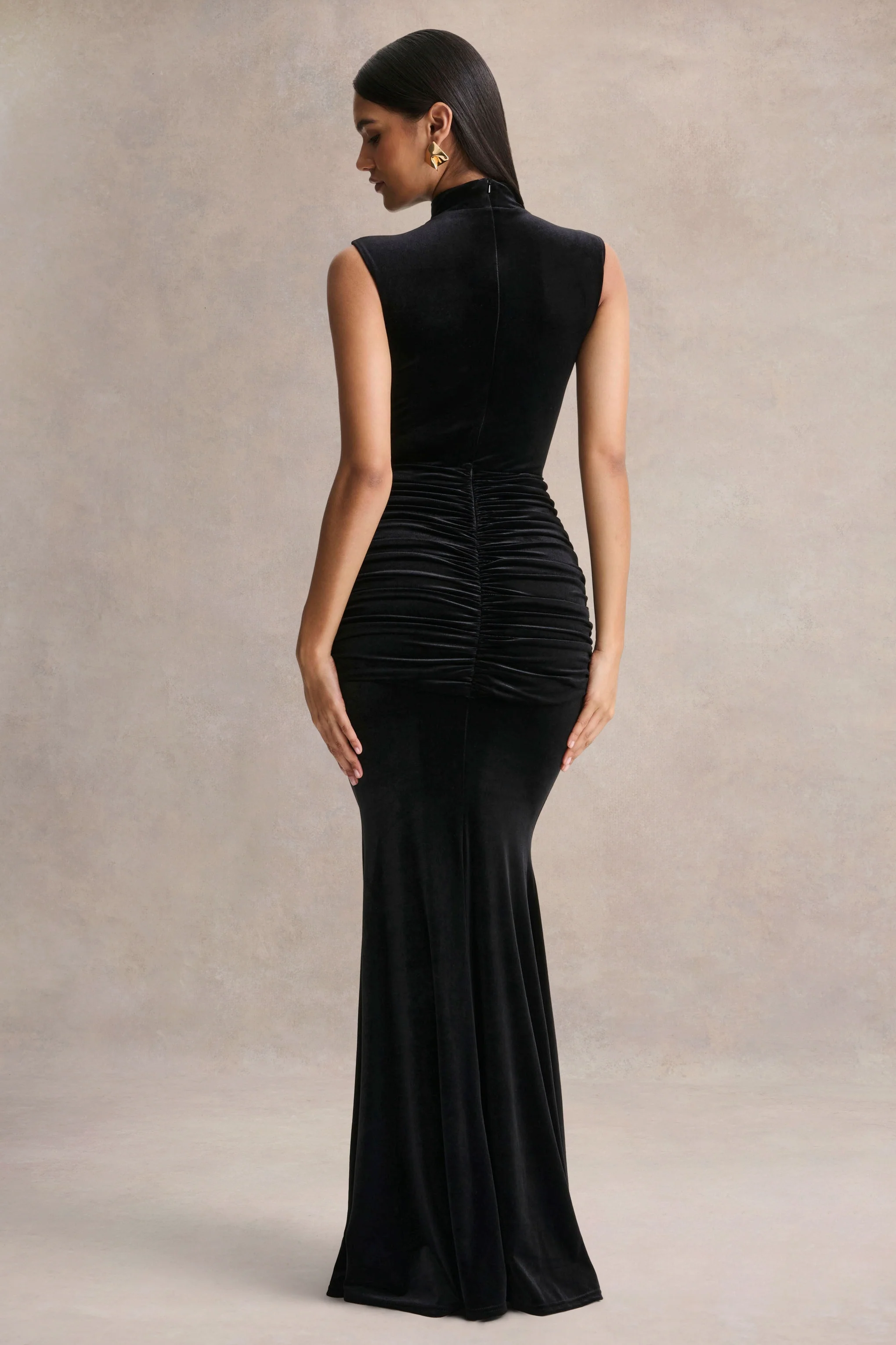 Idalina | Black Velvet High-Neck Maxi Dress With Gathered-Detailing - Image 2