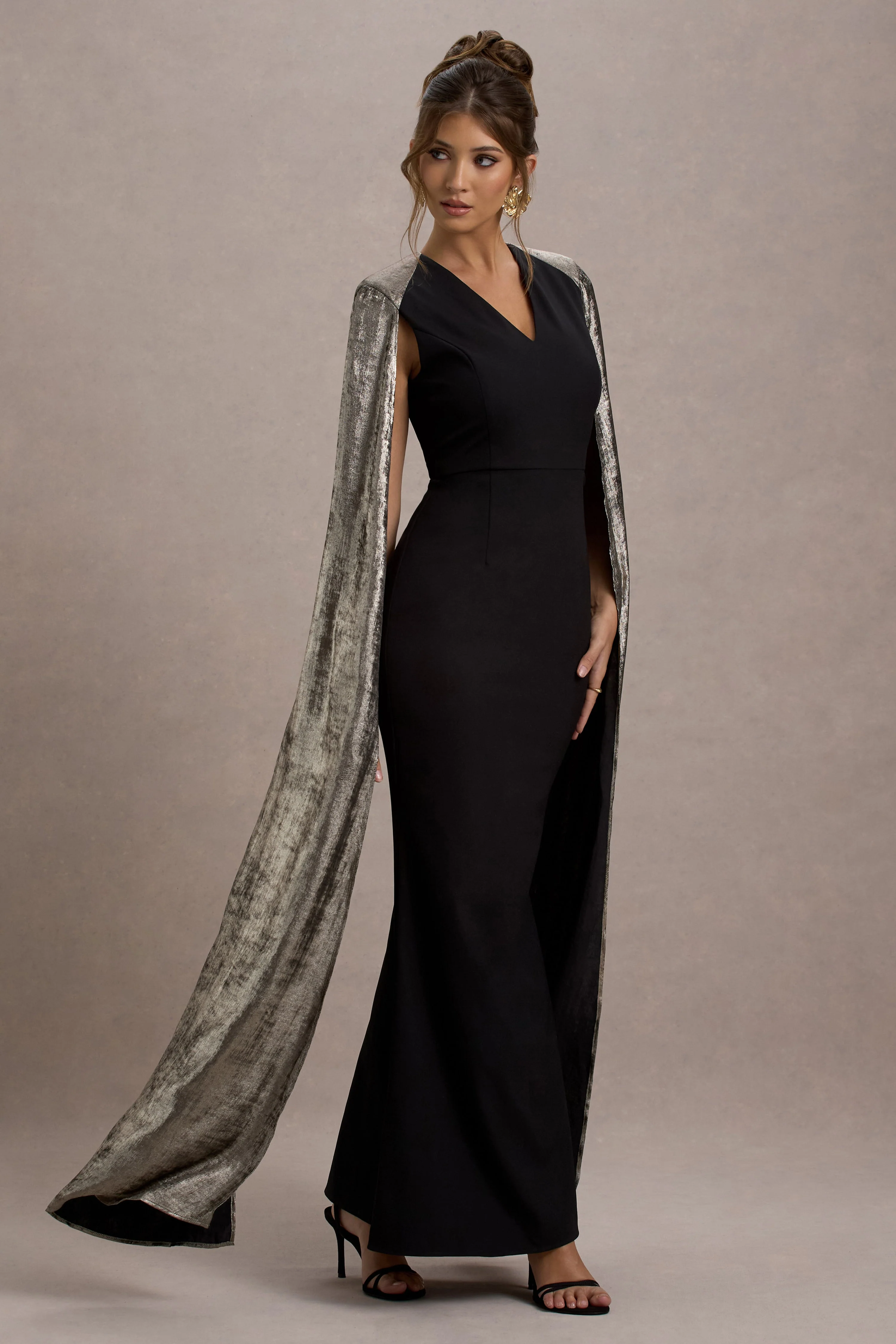 Ilenia | Black V-Neck Maxi Dress With Metallic Cape - Image 4