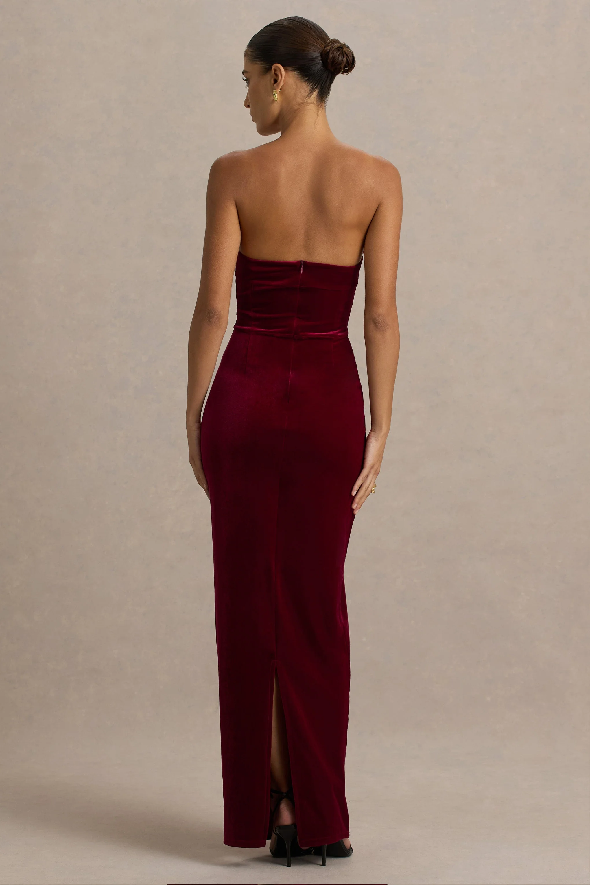 Illusion | Burgundy Velvet Bandeau Maxi Dress With Bow Detail - Image 2