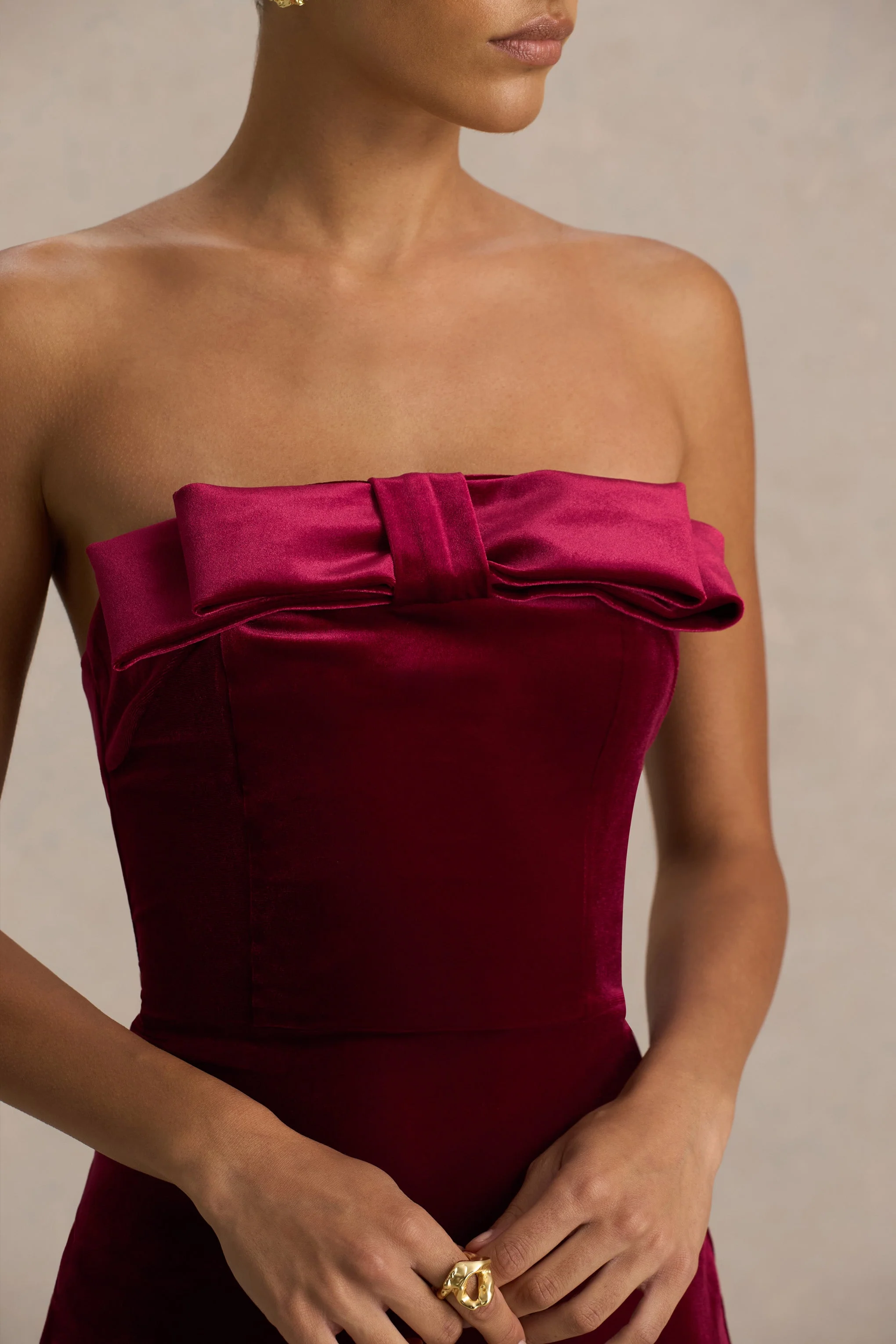 Illusion | Burgundy Velvet Bandeau Maxi Dress With Bow Detail - Image 3