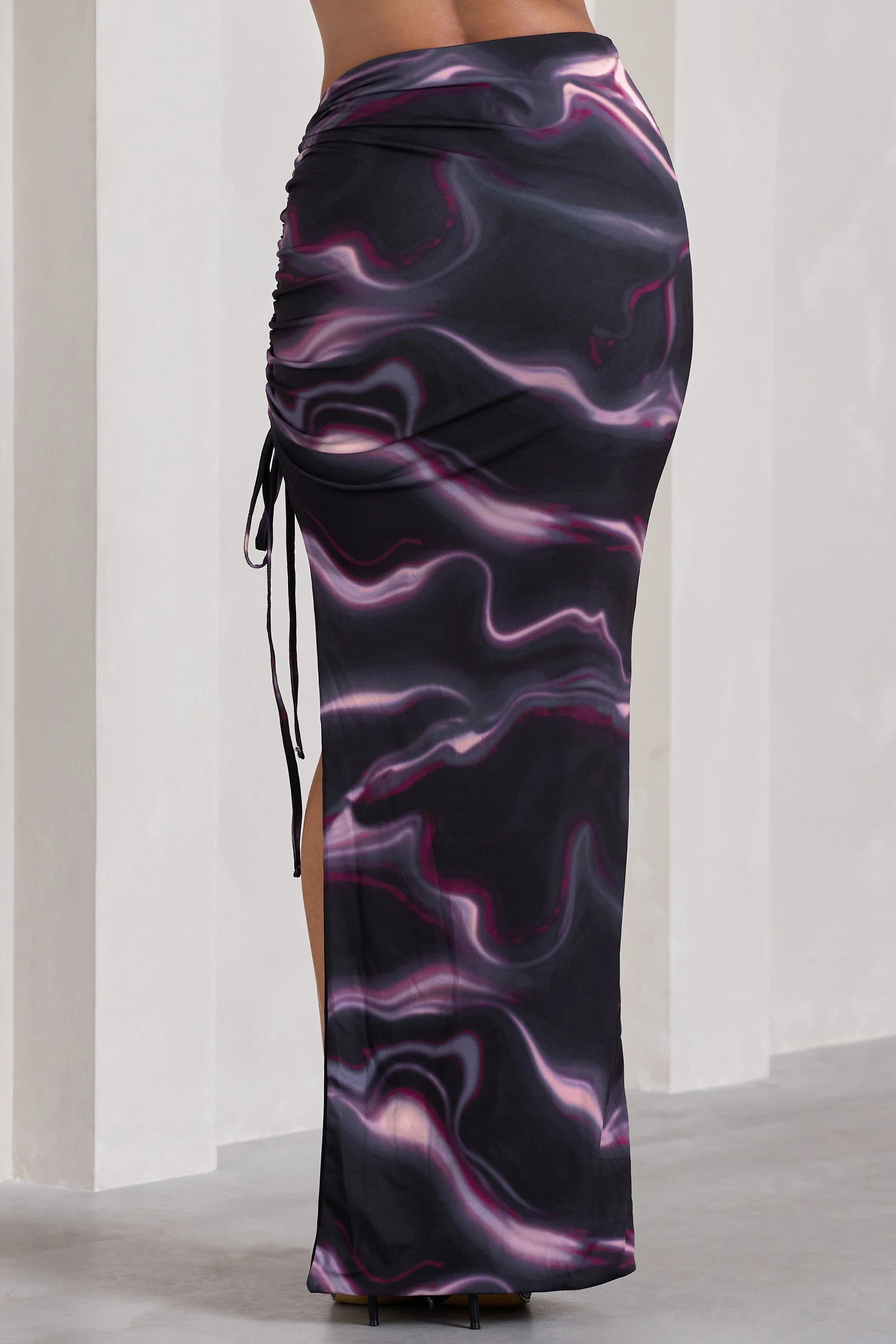 In The Air | Black Printed Ruched Asymmetric High-Waisted Maxi Skirt - Image 3