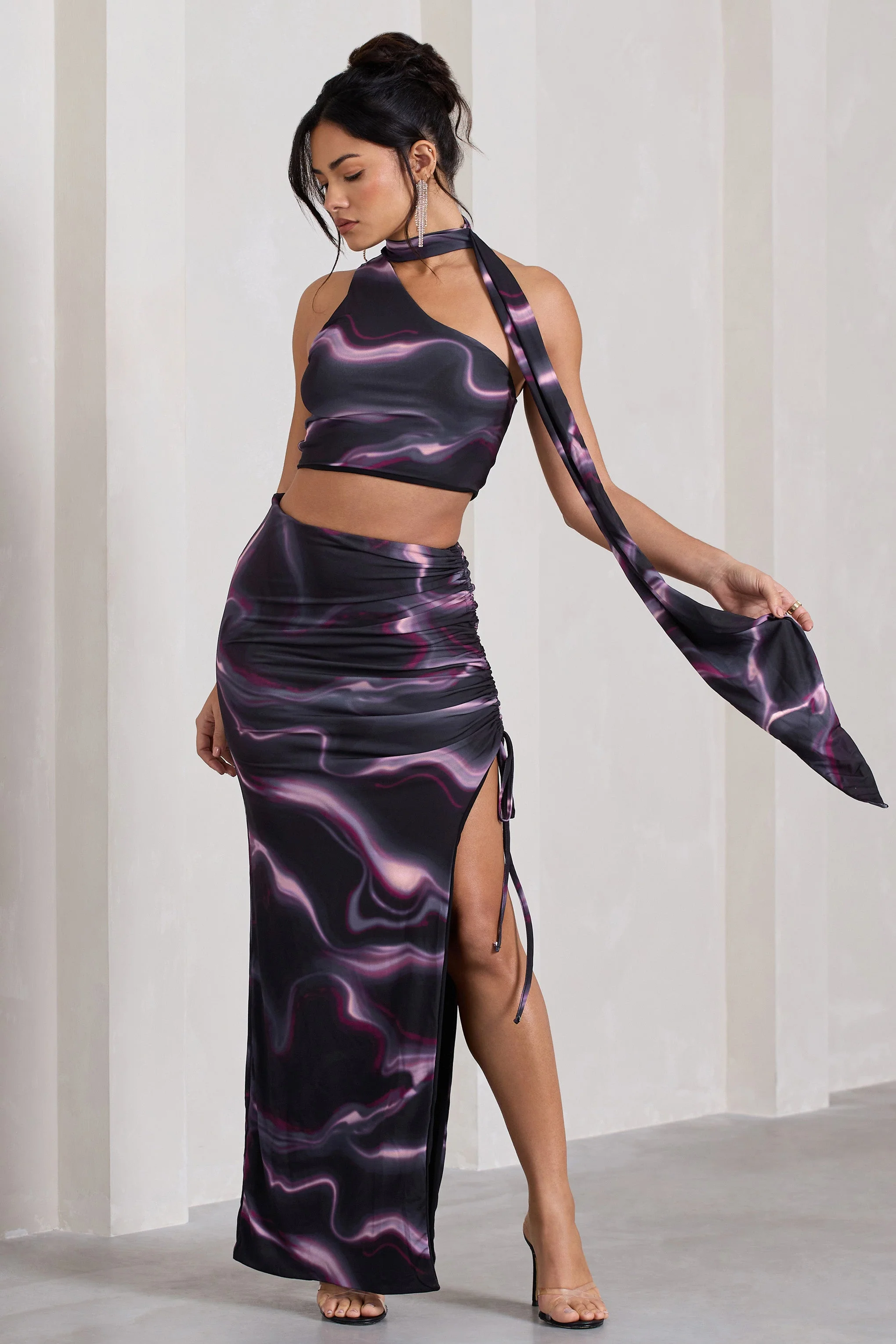In The Air | Black Printed Ruched Asymmetric High-Waisted Maxi Skirt - Image 4