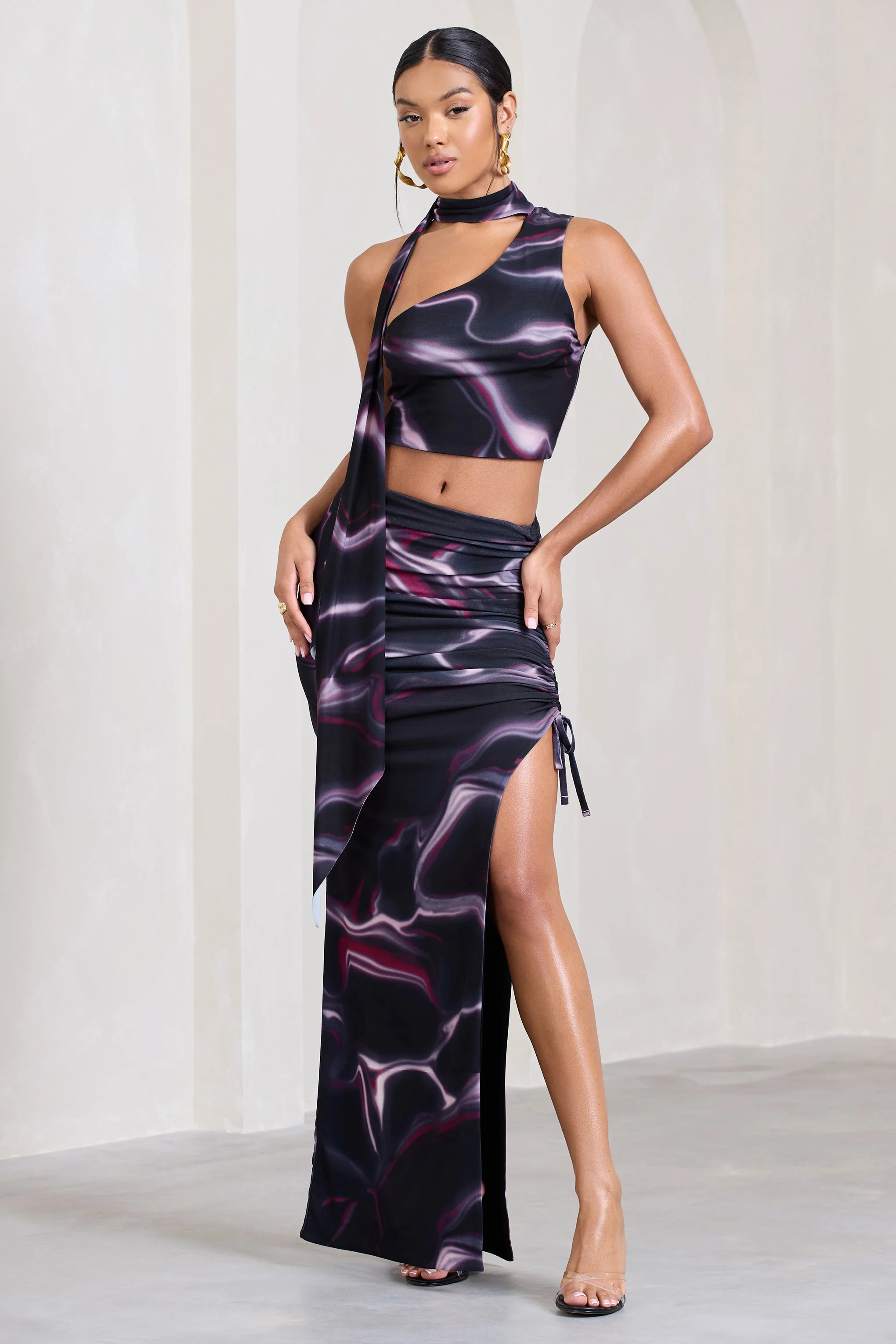 In The Air | Black Printed Ruched Asymmetric High-Waisted Maxi Skirt - Image 6