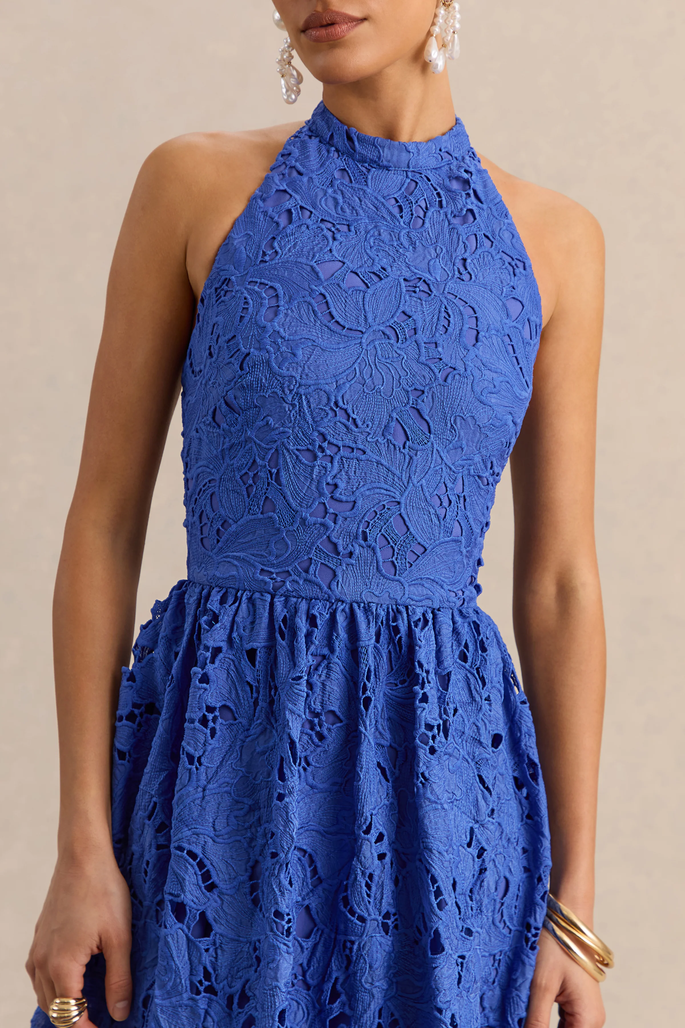 Indiana | Dark Blue Broderie Halter-Neck Maxi Dress - Image 3