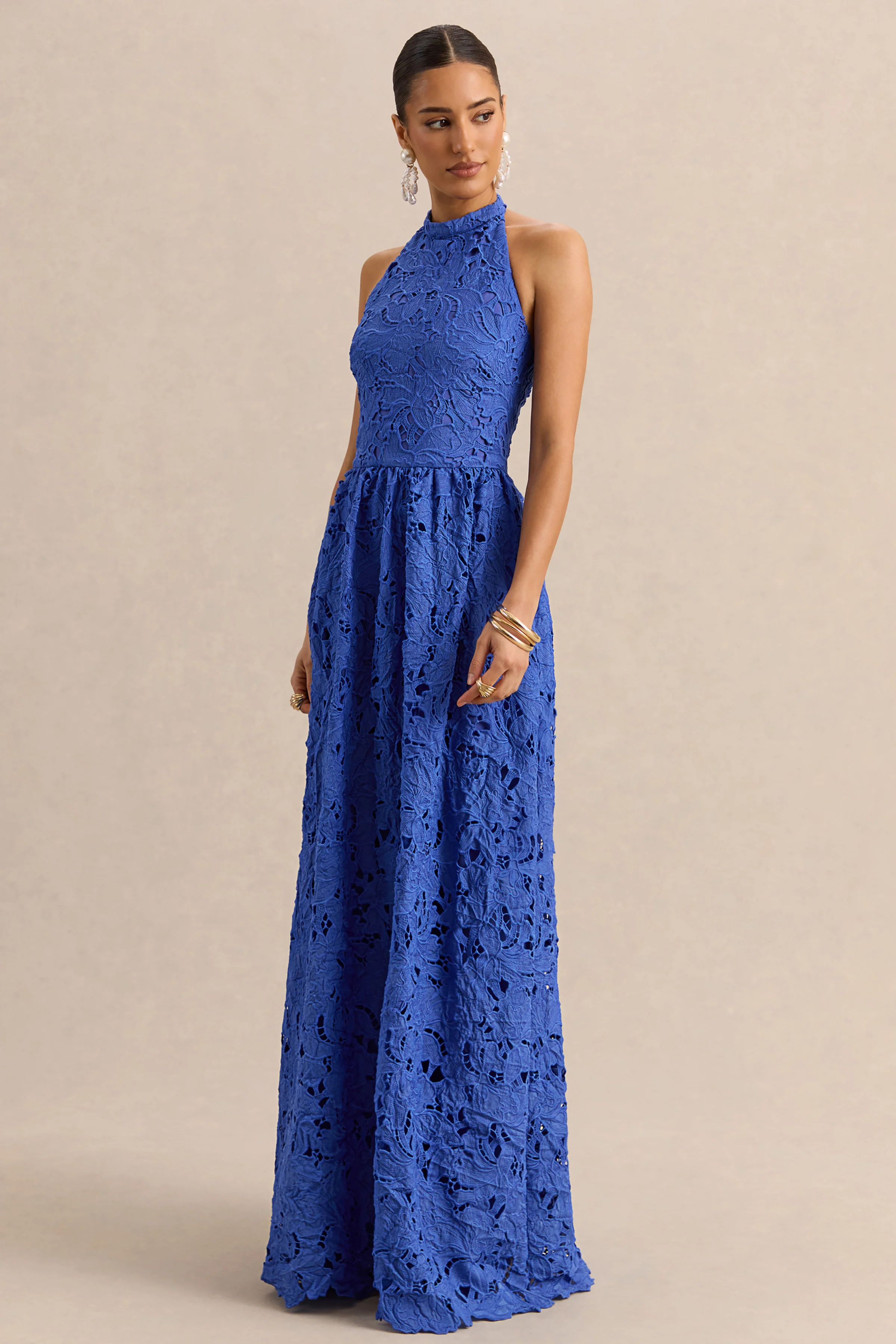 Indiana | Dark Blue Broderie Halter-Neck Maxi Dress - Image 4