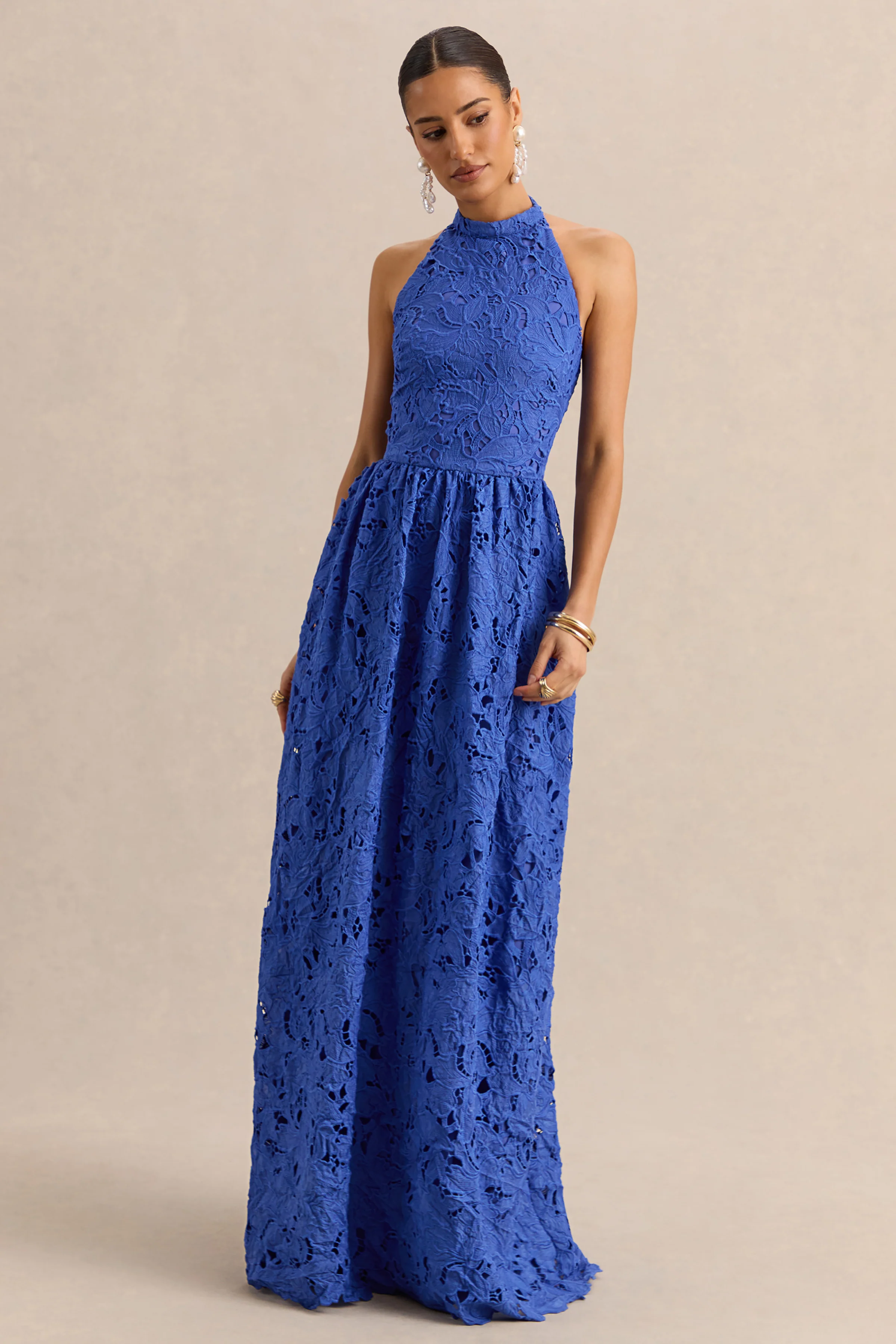 Indiana | Dark Blue Broderie Halter-Neck Maxi Dress - Image 6