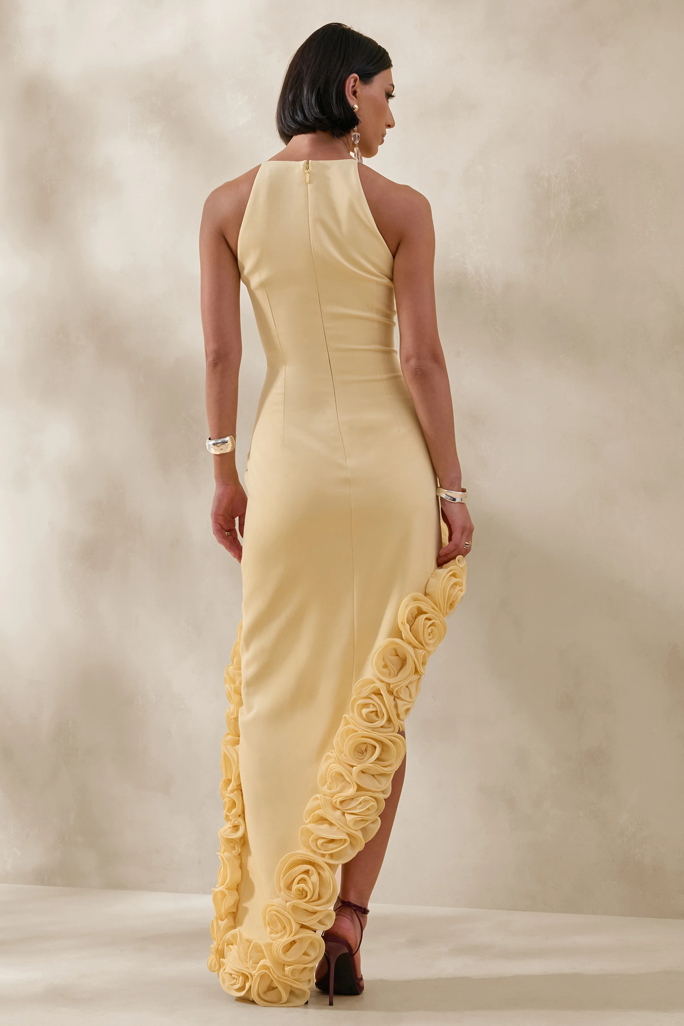 Indira | Lemon Halter-Neck Maxi Dress With Asymmetric-Floral Hem - Image 2