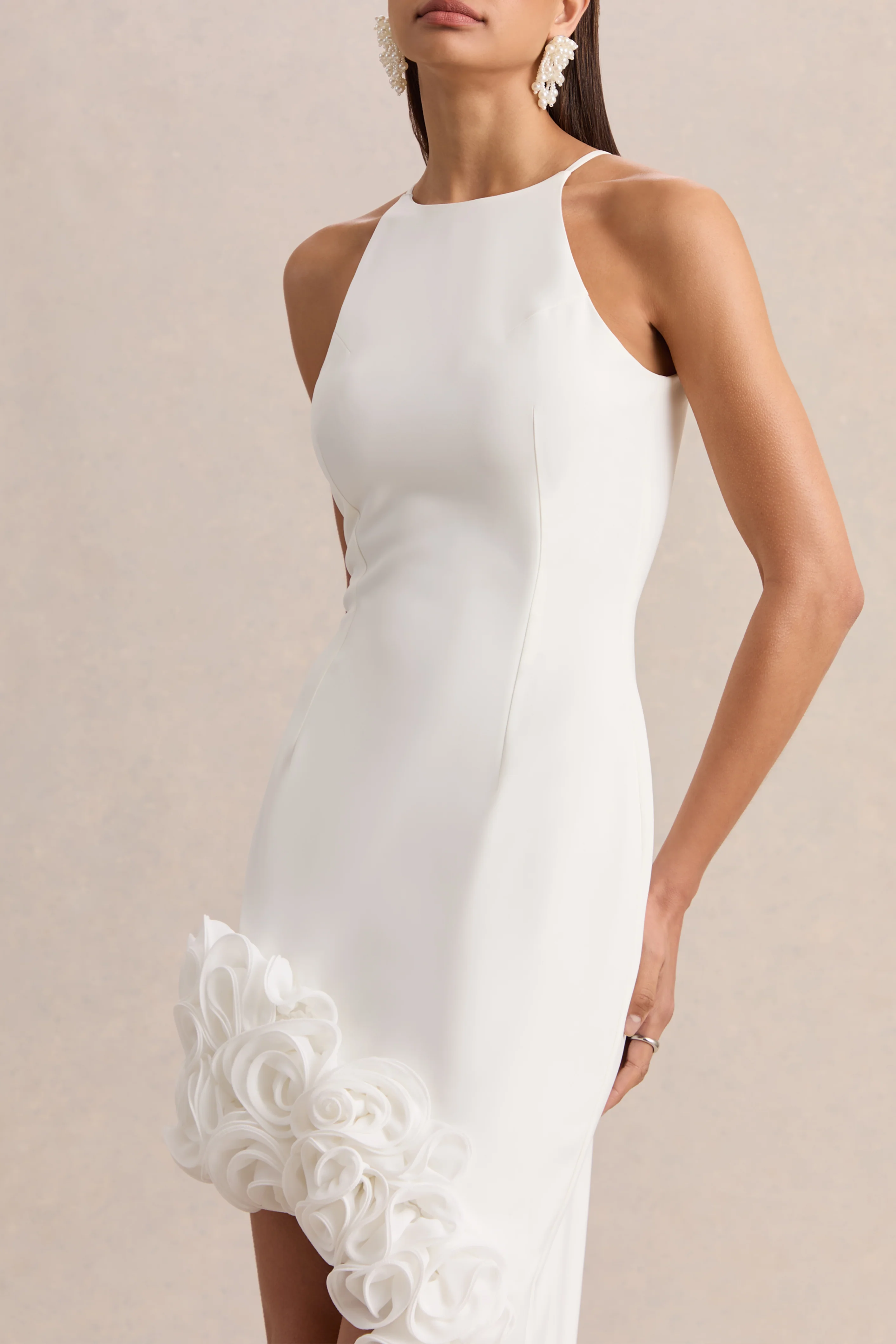 Indira | White Halter-Neck Maxi Dress With Asymmetric-Floral Hem - Image 3