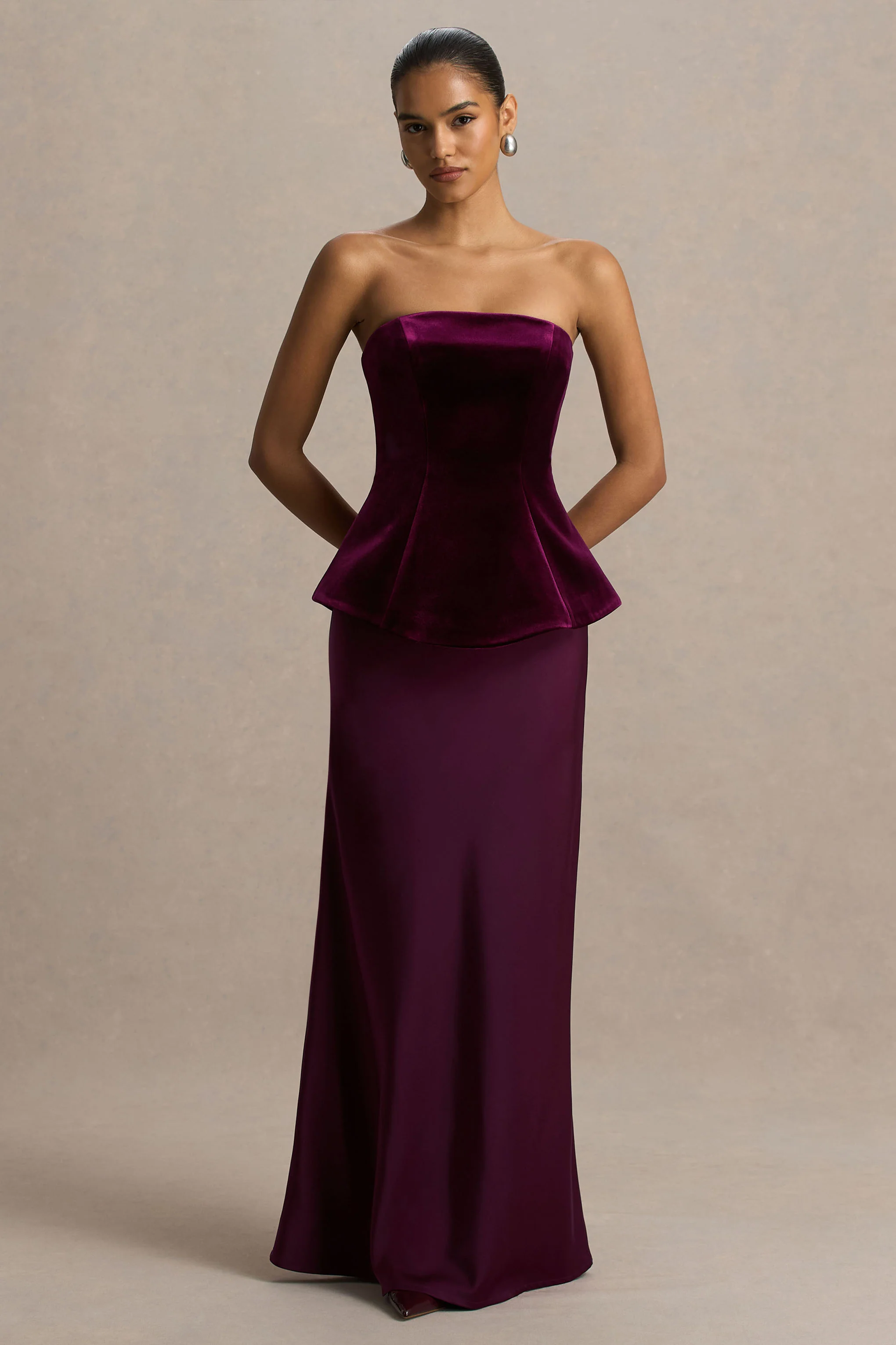 Indulgent | Burgundy Velvet And Satin Bandeau Corset Maxi Dress - Image 5