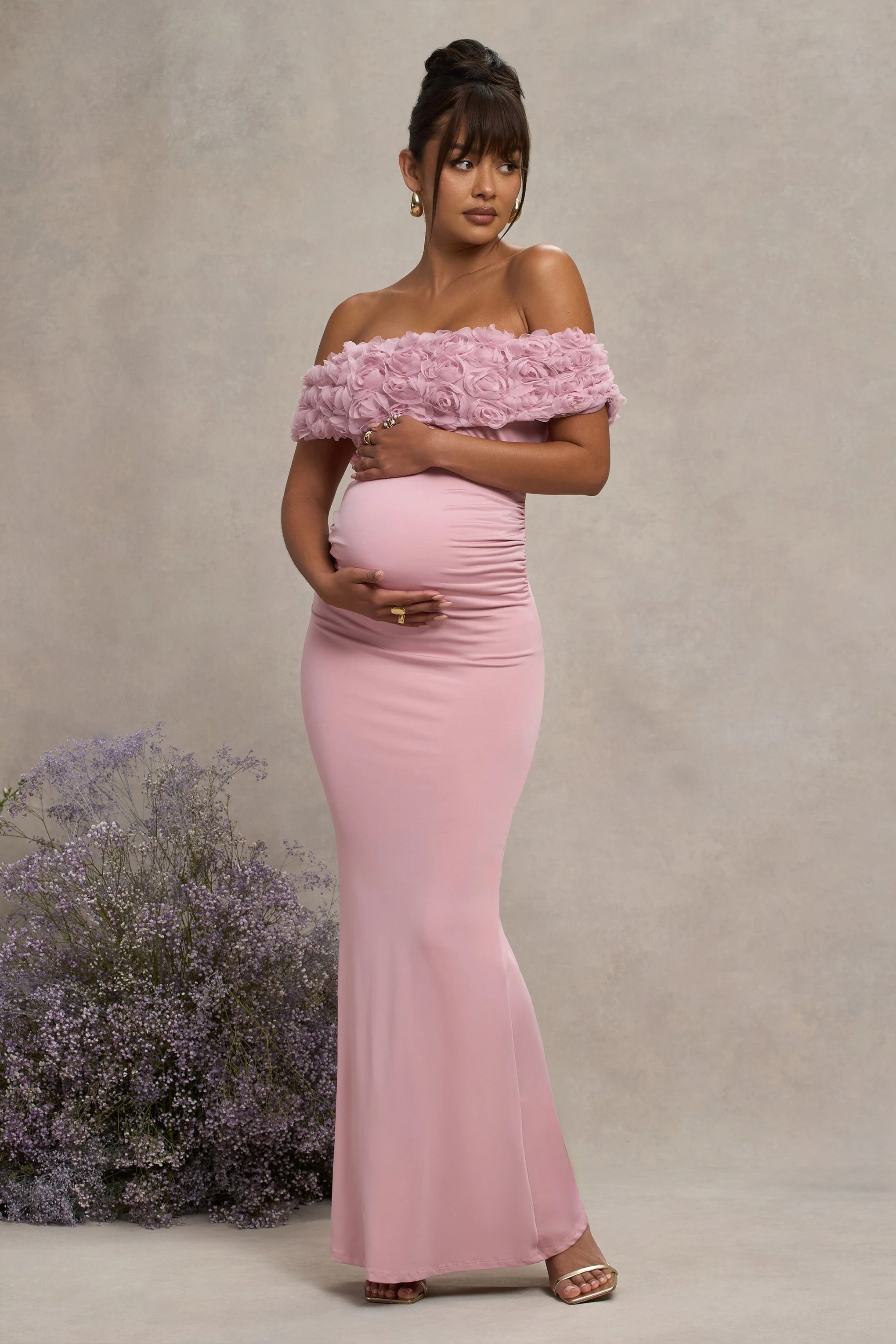 Inflorescence | Blush Pink Mesh Floral Bardot Maternity Maxi Dress - Image 5