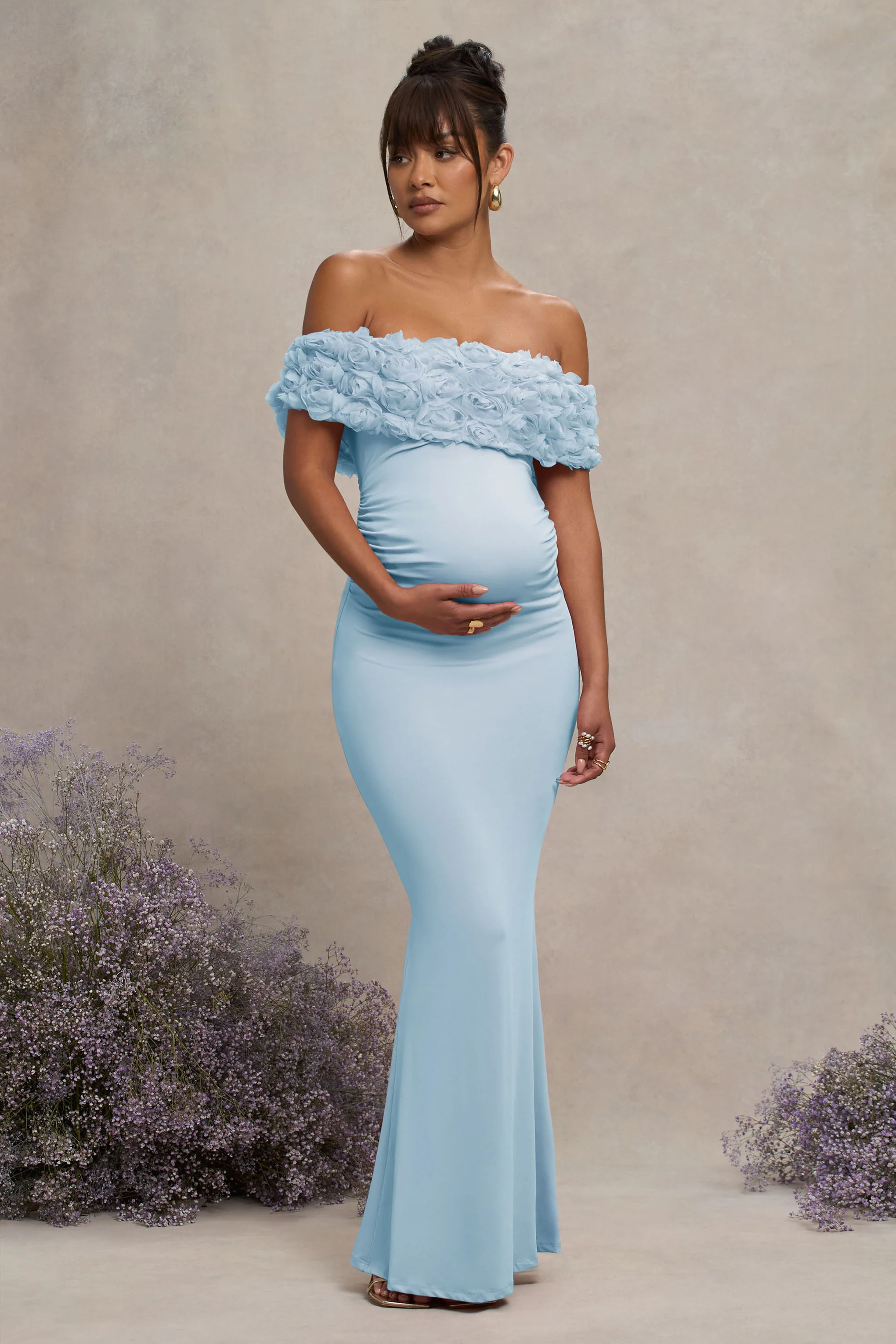 Inflorescence | Powder Blue Mesh Floral Bardot Maternity Maxi Dress - Image 5