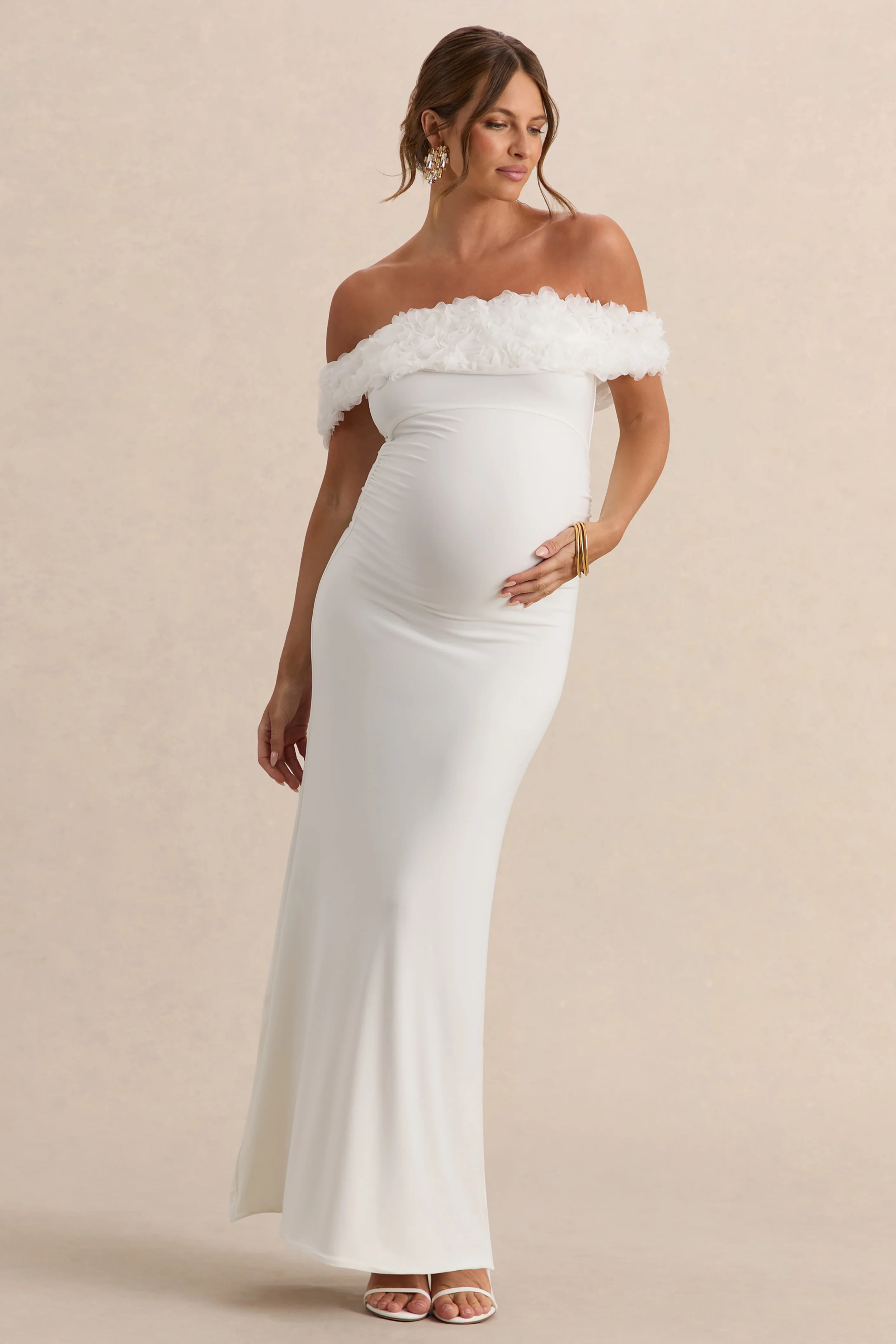 Inflorescence | White Mesh Floral Bardot Maternity Maxi Dress - Image 4
