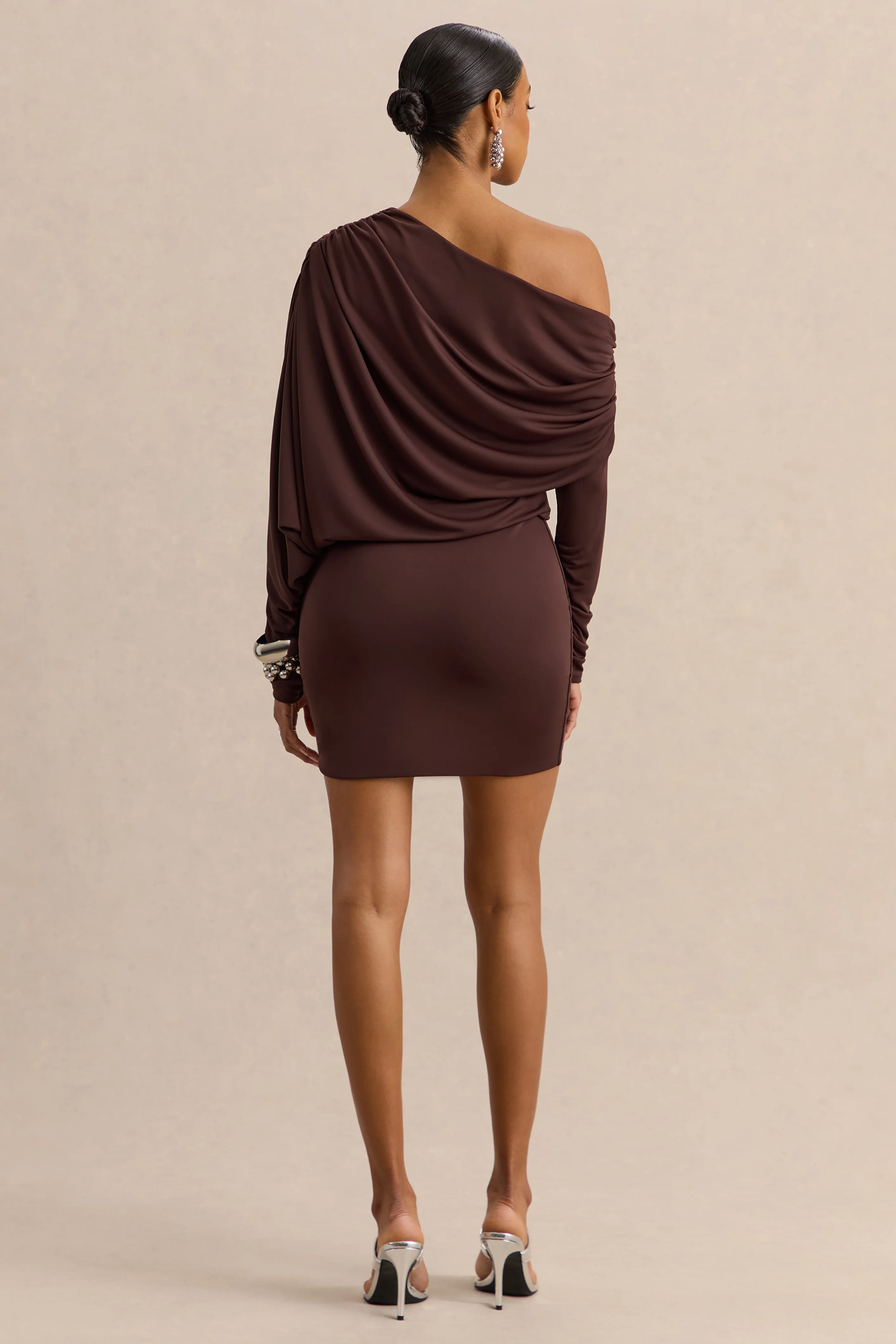Inoria | Brown Asymmetric-Neck Mini Dress - Image 2