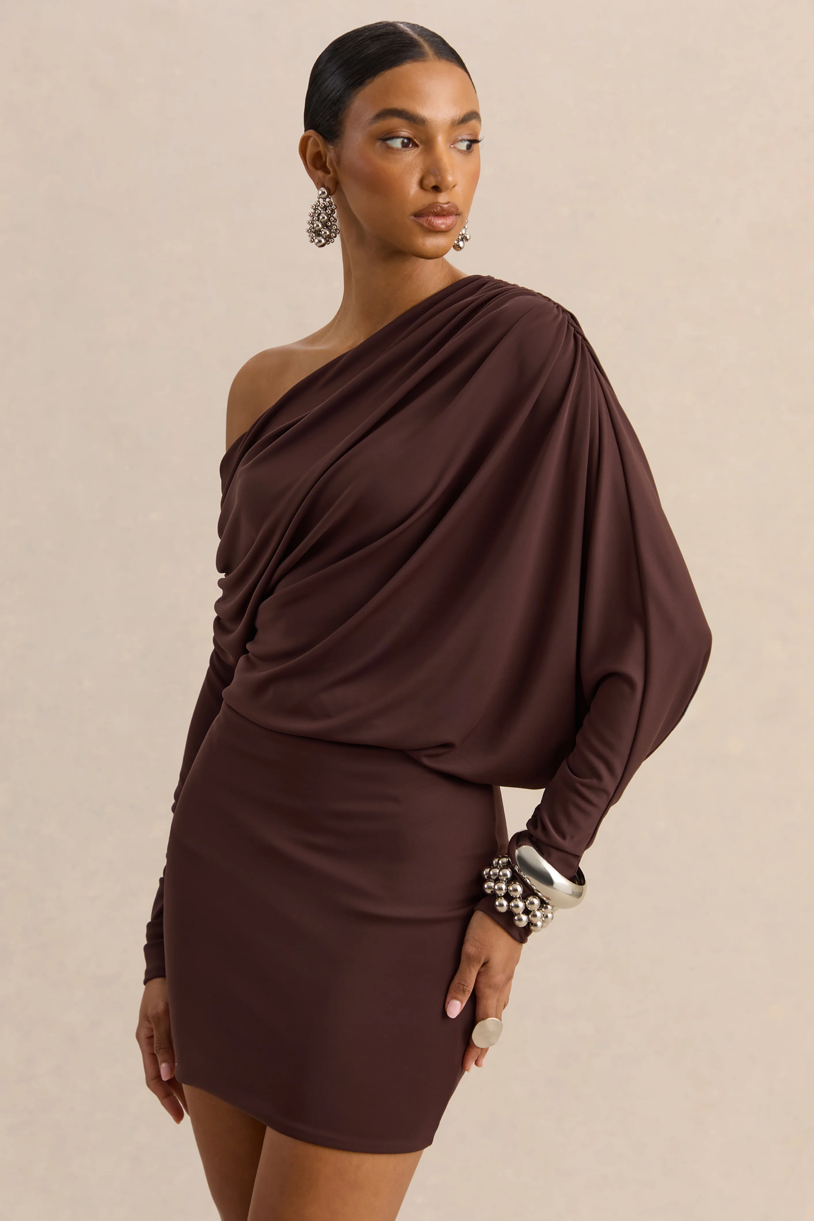 Inoria | Brown Asymmetric-Neck Mini Dress - Image 3