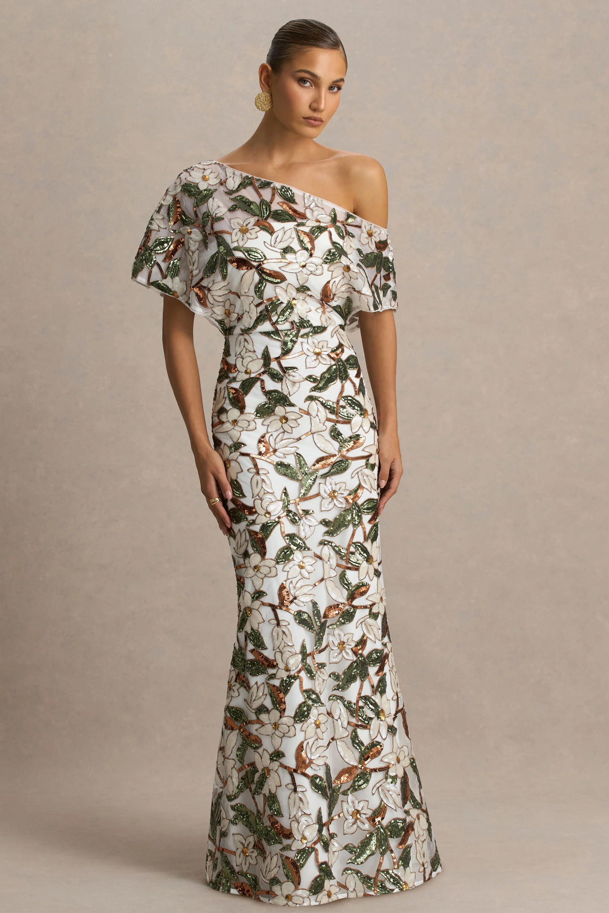 Iony | White And Green Embellished Sequin Floral And Mesh Asymmetric-Neck Maxi Dress - Image 3