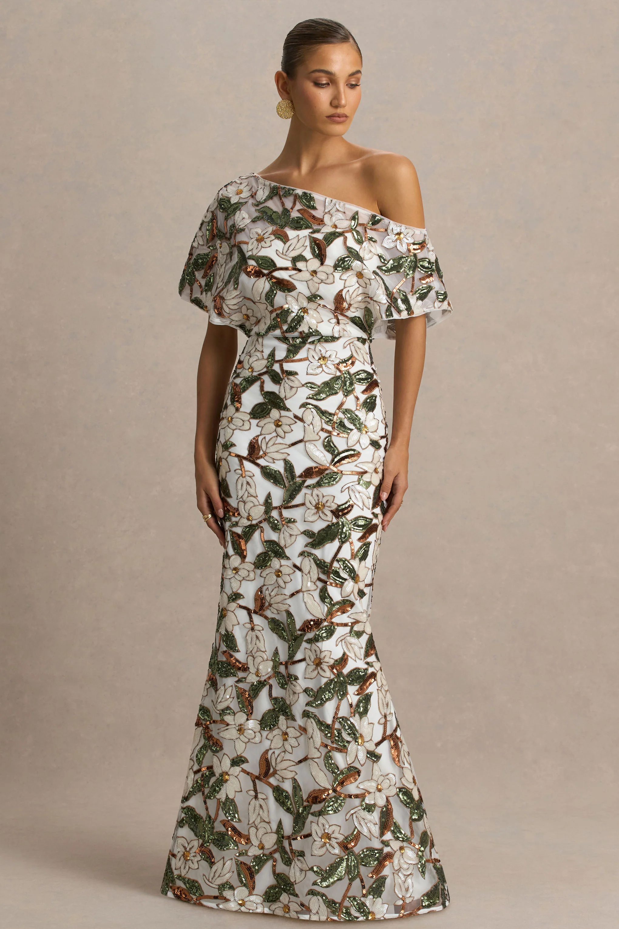 Iony | White And Green Embellished Sequin Floral And Mesh Asymmetric-Neck Maxi Dress - Image 4