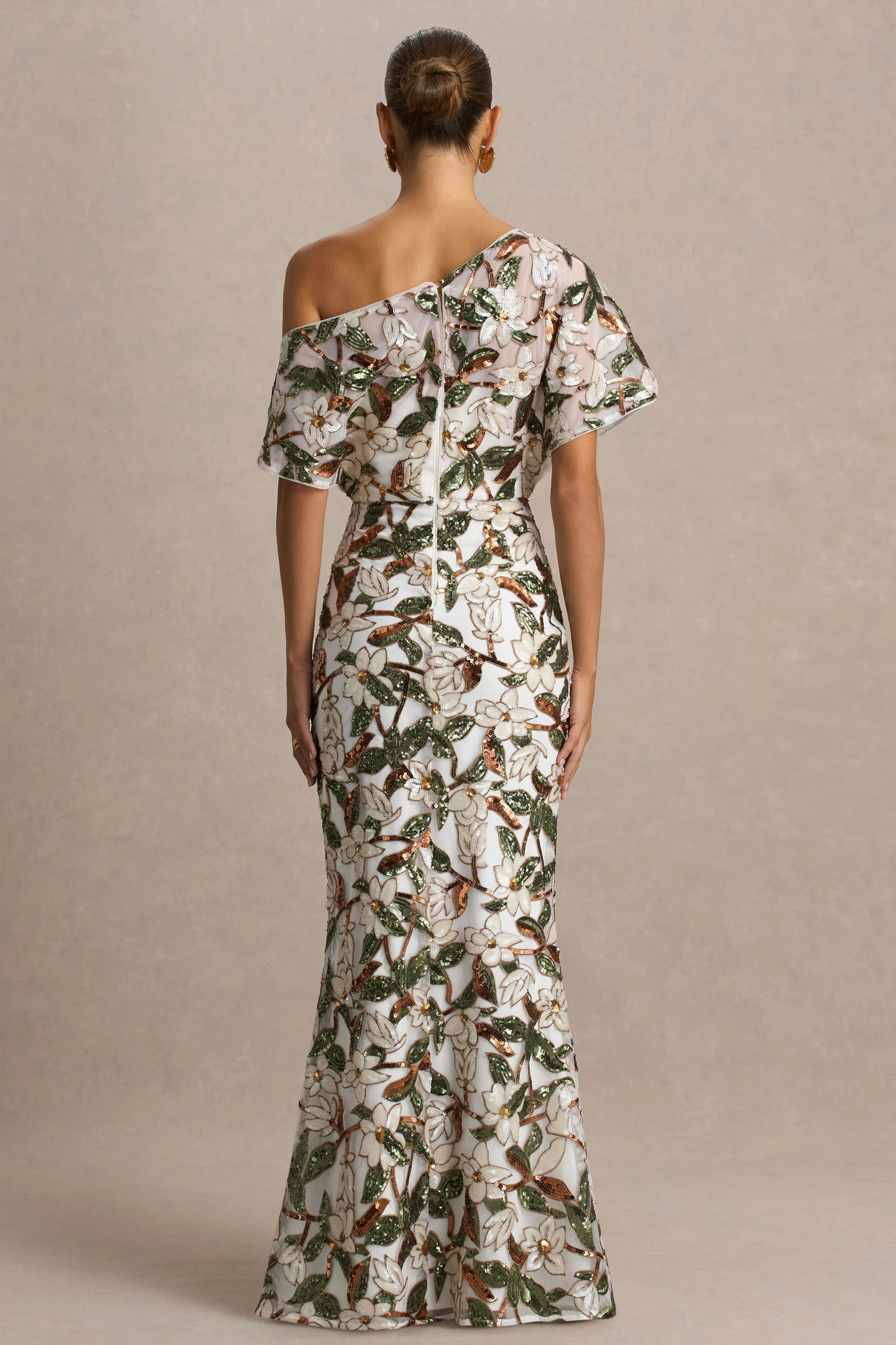 Iony | White And Green Embellished Sequin Floral And Mesh Asymmetric-Neck Maxi Dress - Image 5