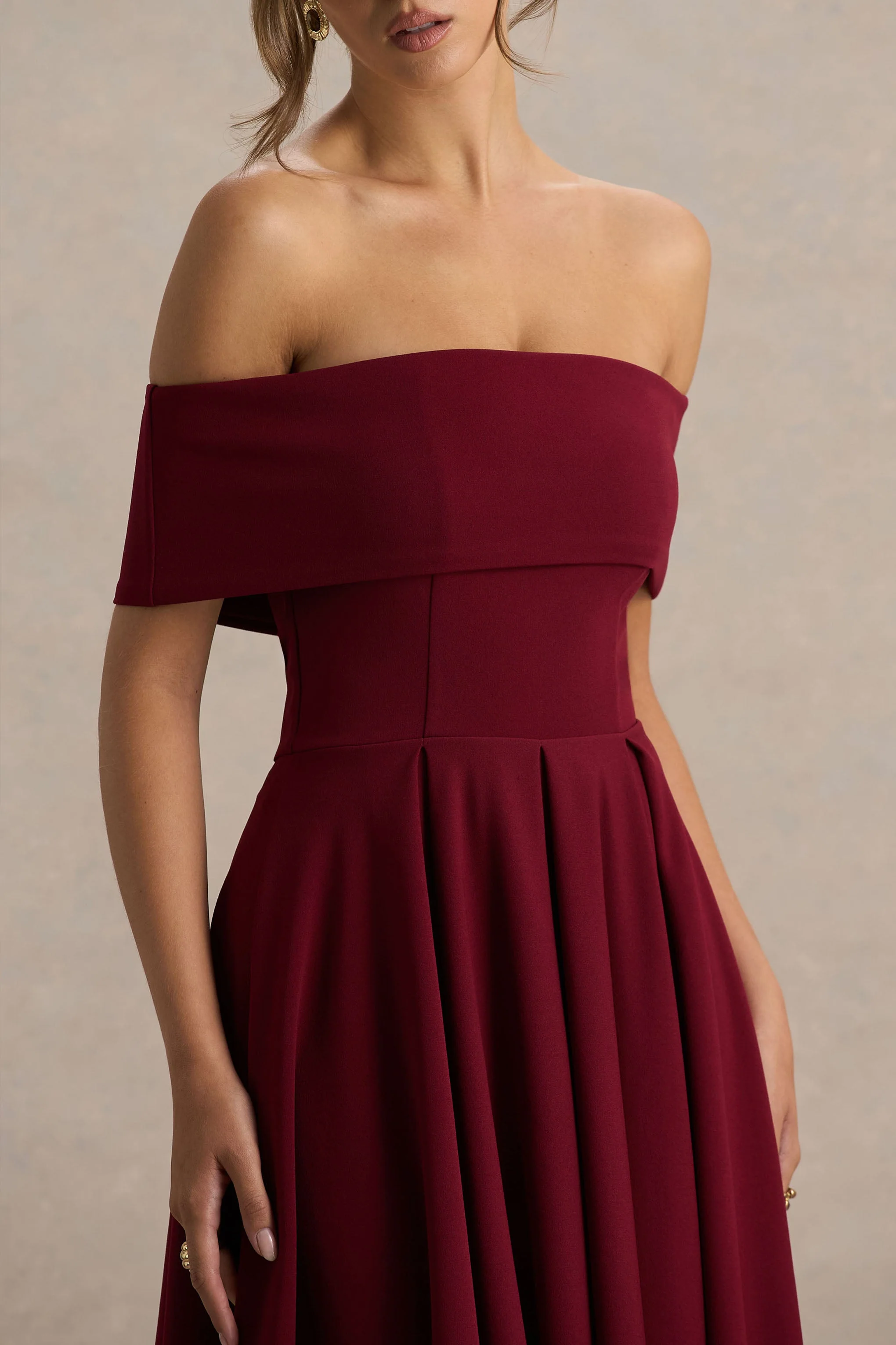 Isabella | Burgundy Bardot-Neck Midi Dress - Image 3