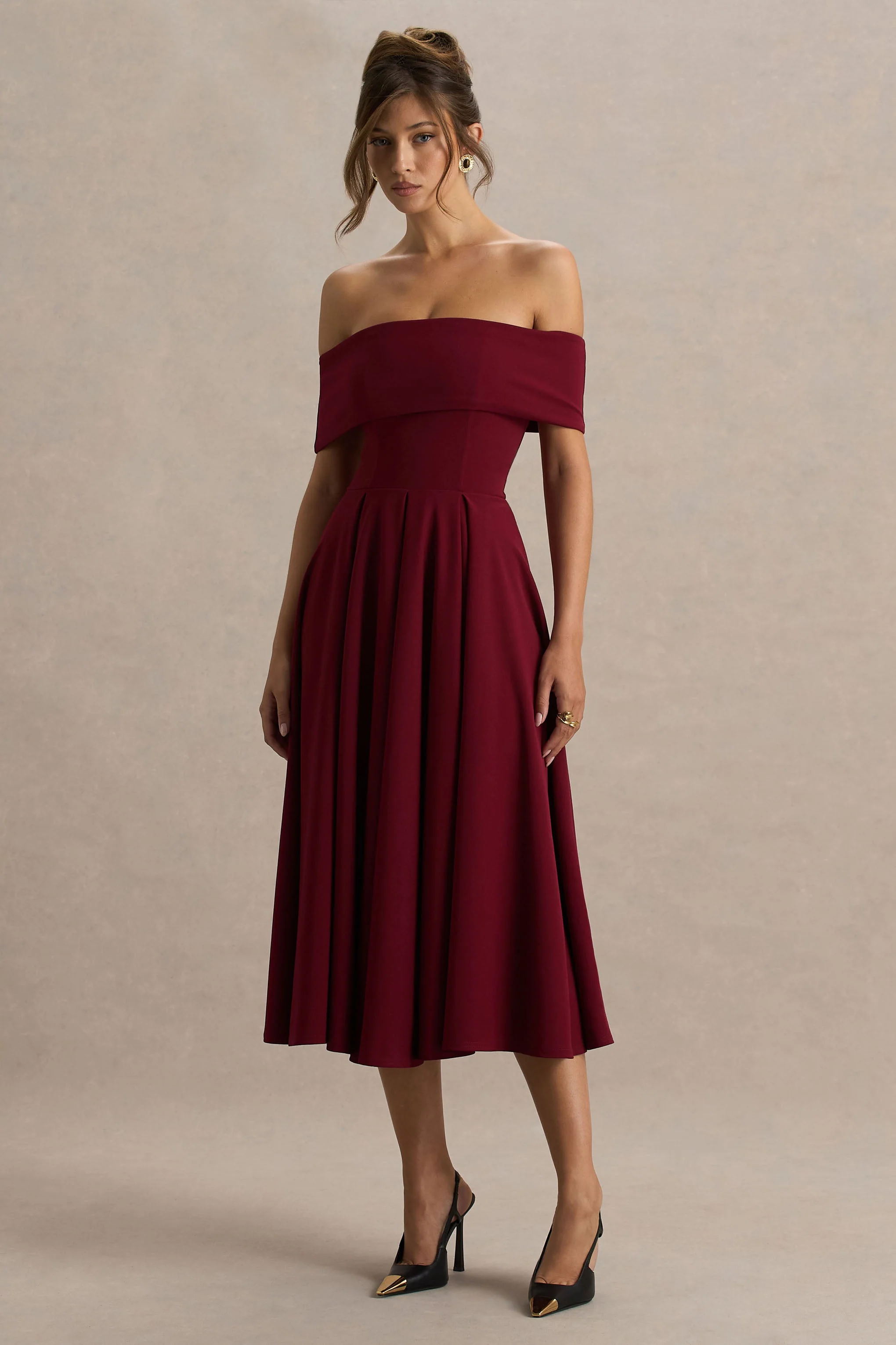 Isabella | Burgundy Bardot-Neck Midi Dress - Image 4