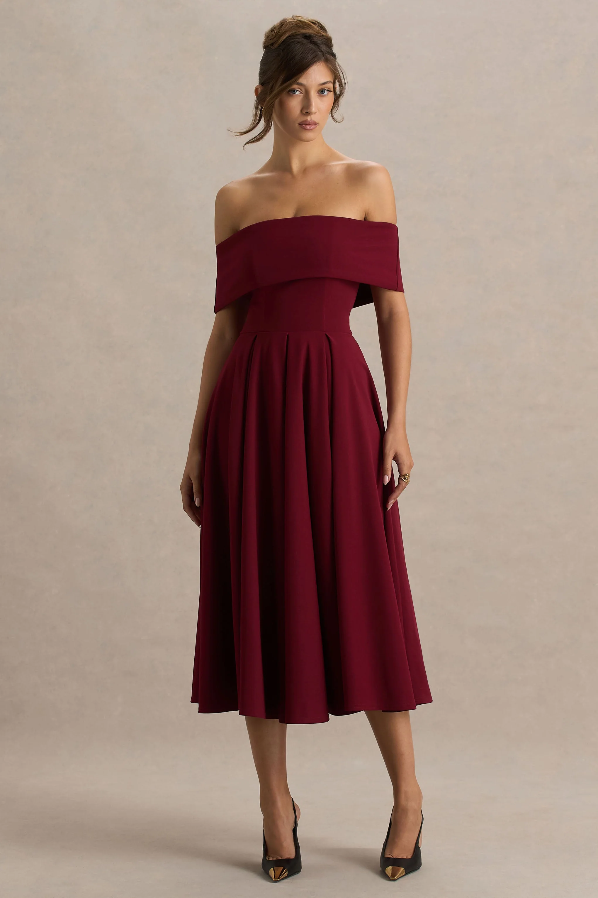 Isabella | Burgundy Bardot-Neck Midi Dress - Image 5