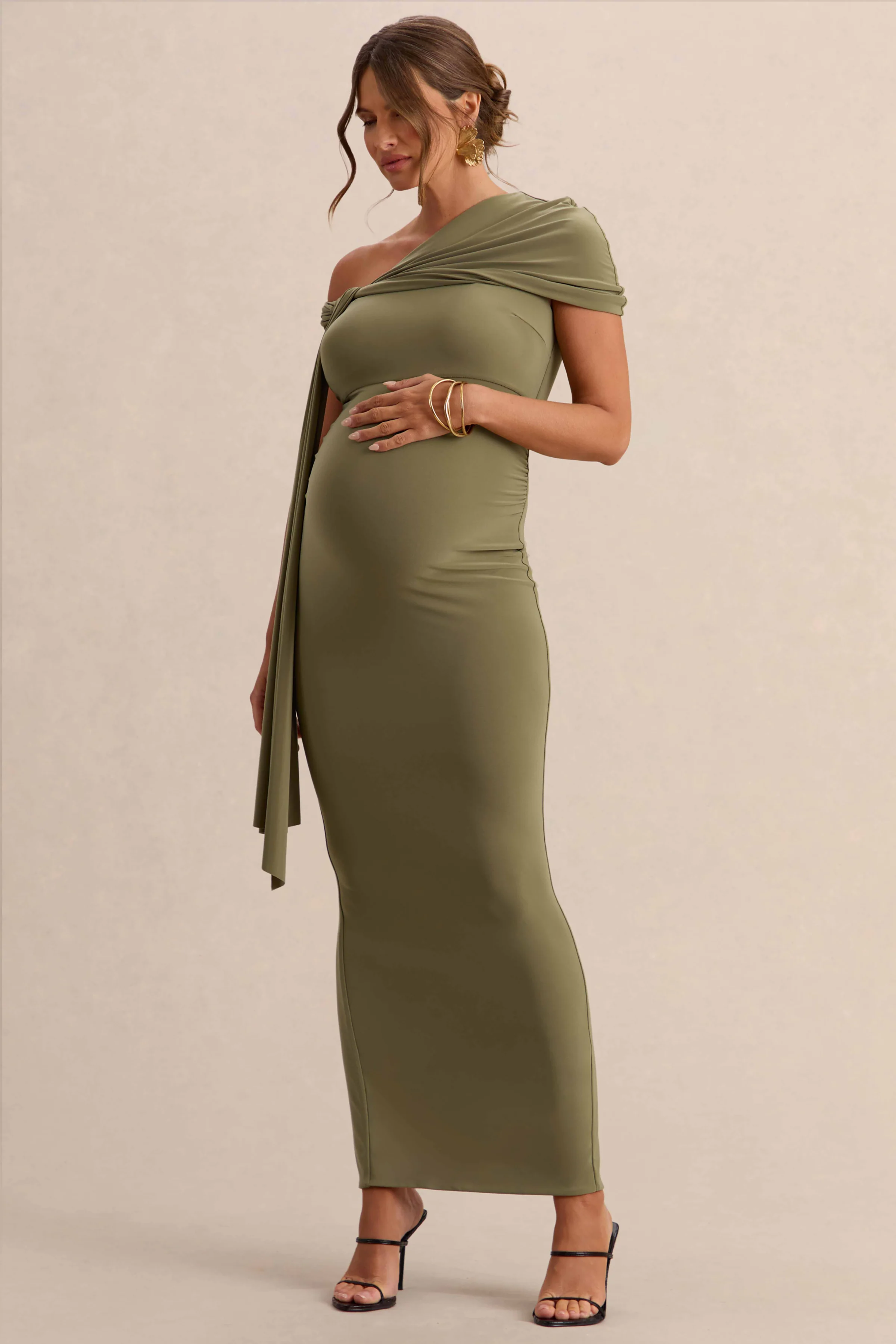 Isela | Khaki Asymmetric-Neck Maternity Maxi Dress With Sash Detail