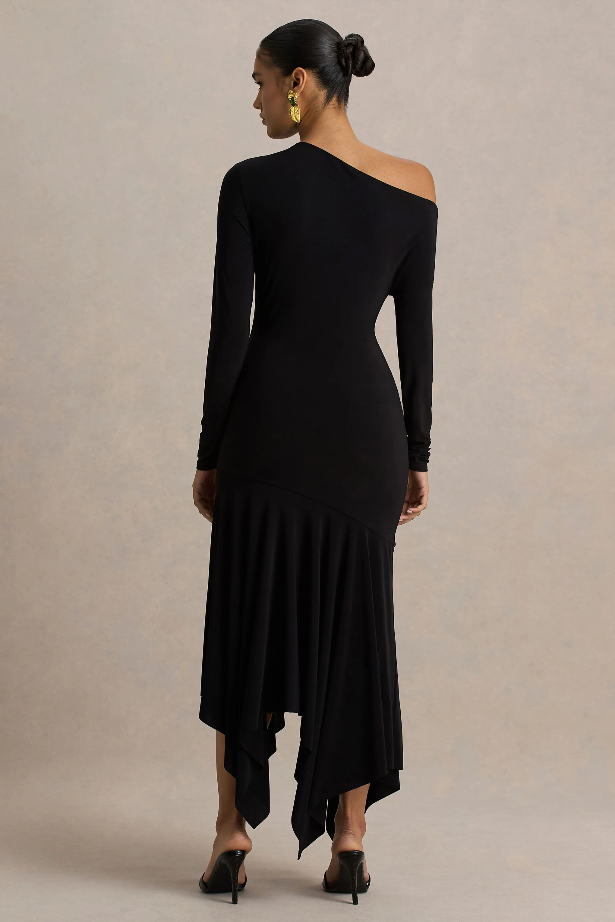Isola | Black Asymmetric-Neck Midi Dress With Hanky-Hem - Image 2