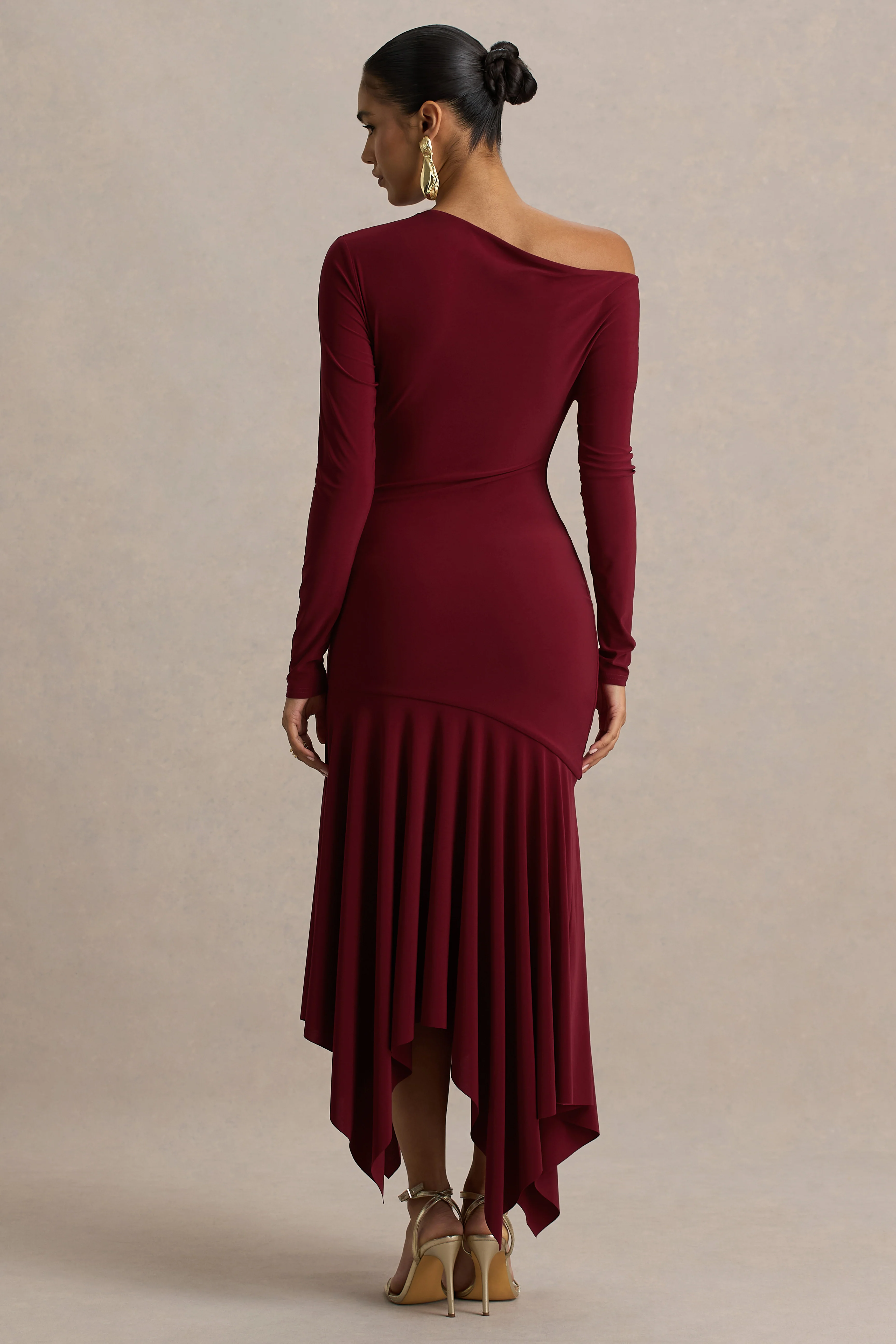 Isola | Burgundy Asymmetric-Neck Midi Dress With Hanky-Hem - Image 2