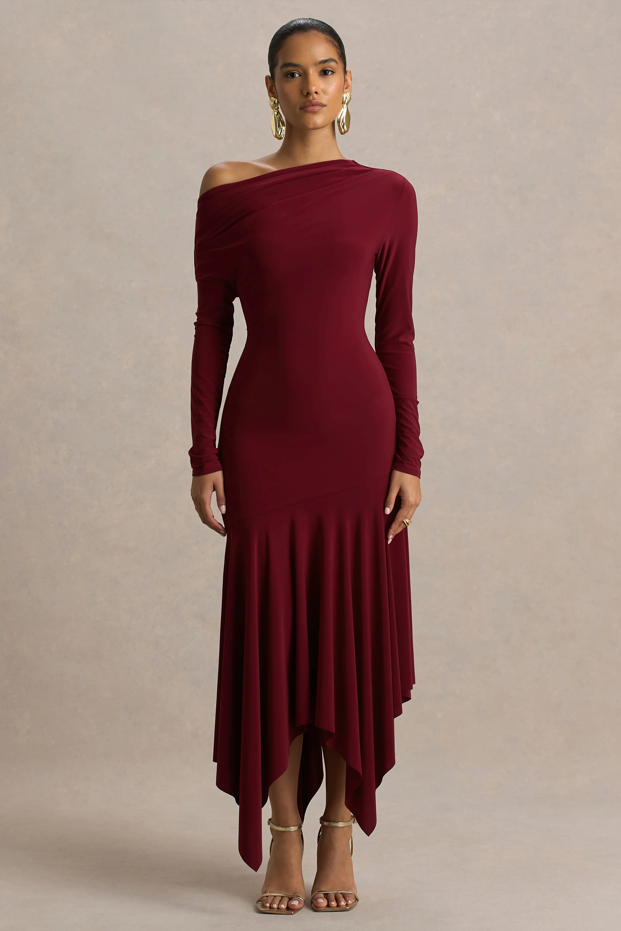Isola | Burgundy Asymmetric-Neck Midi Dress With Hanky-Hem - Image 3