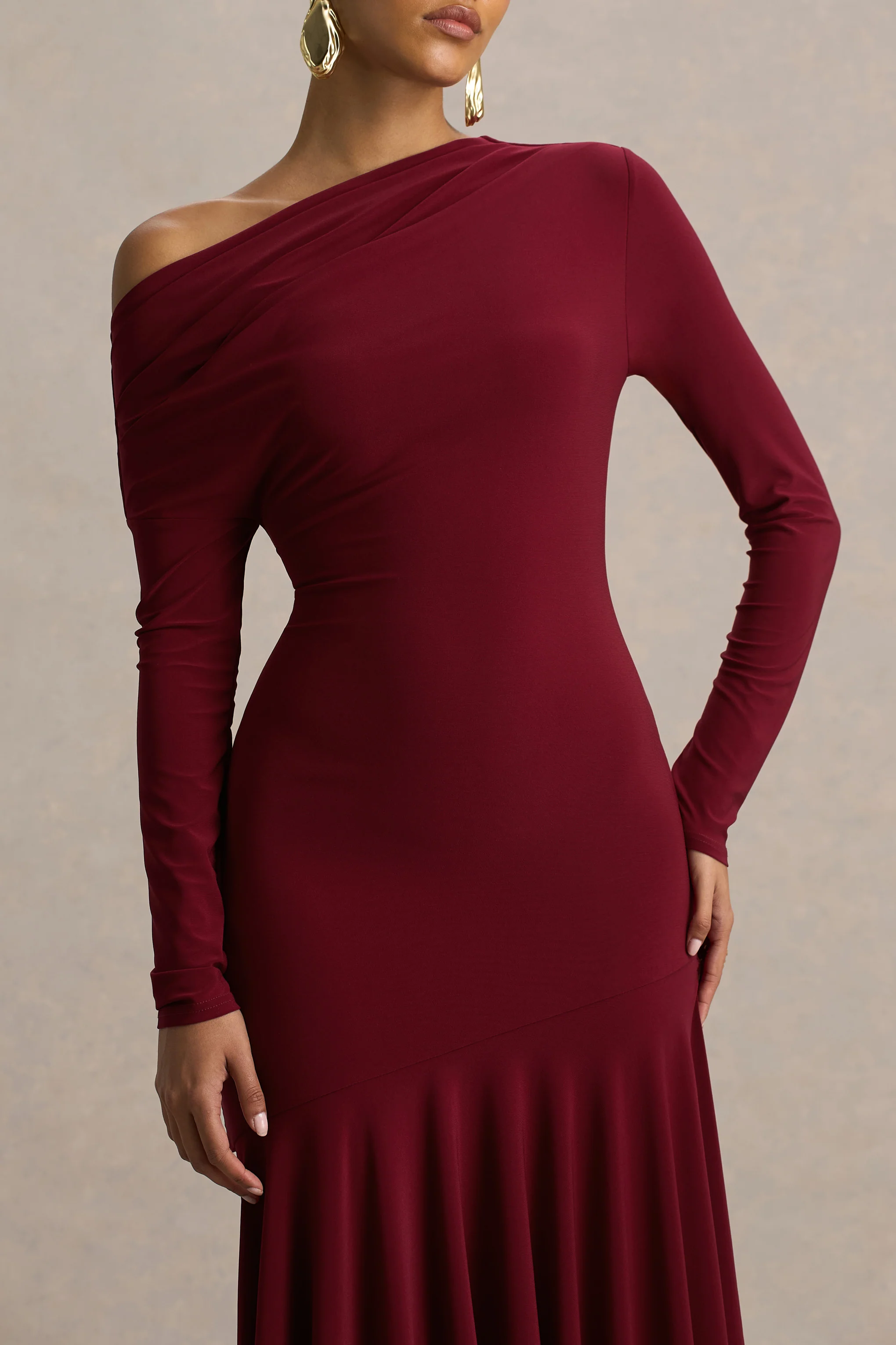 Isola | Burgundy Asymmetric-Neck Midi Dress With Hanky-Hem - Image 4