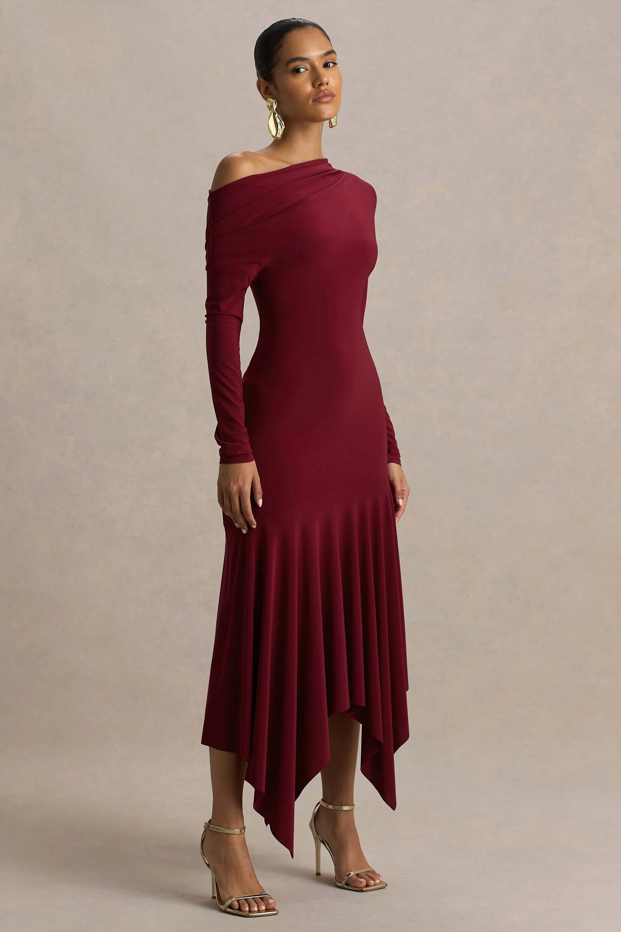 Isola | Burgundy Asymmetric-Neck Midi Dress With Hanky-Hem - Image 5