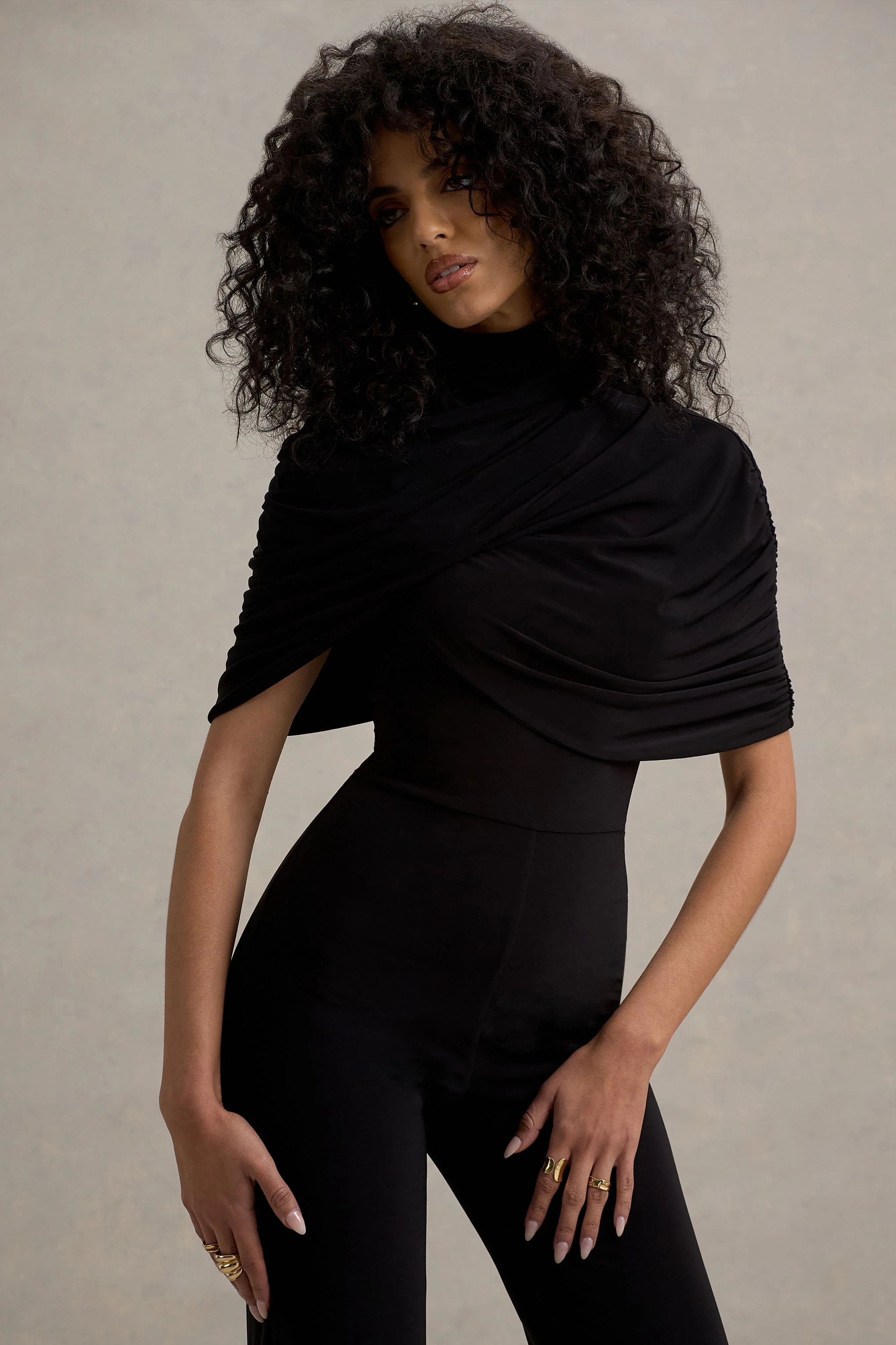 Isoline | Black Twist Cape Flared-Leg Jumpsuit - Image 3