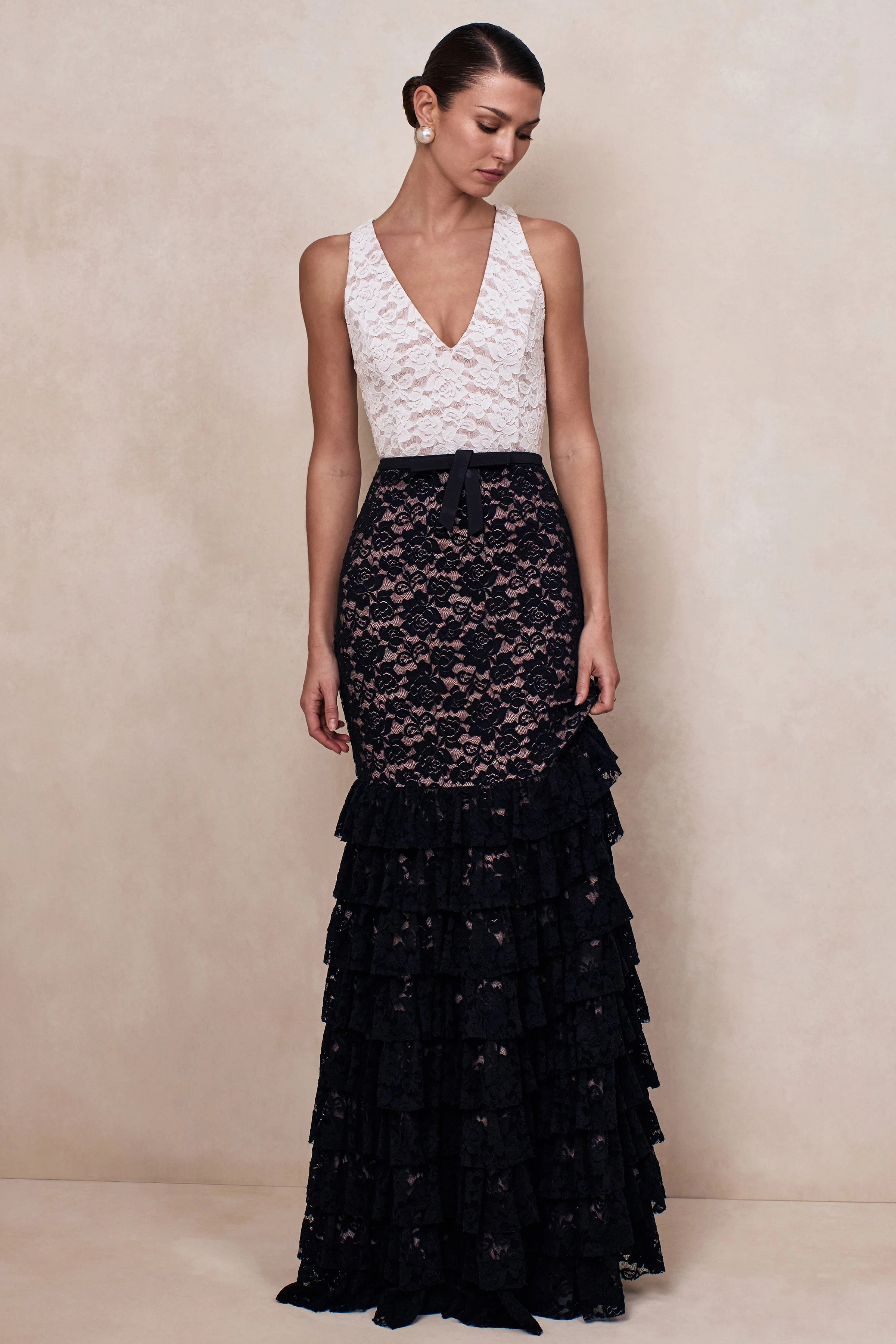 Isoria | Black And White Lace Halter-Neck Maxi Dress With Bow-Belt Detail - Image 4