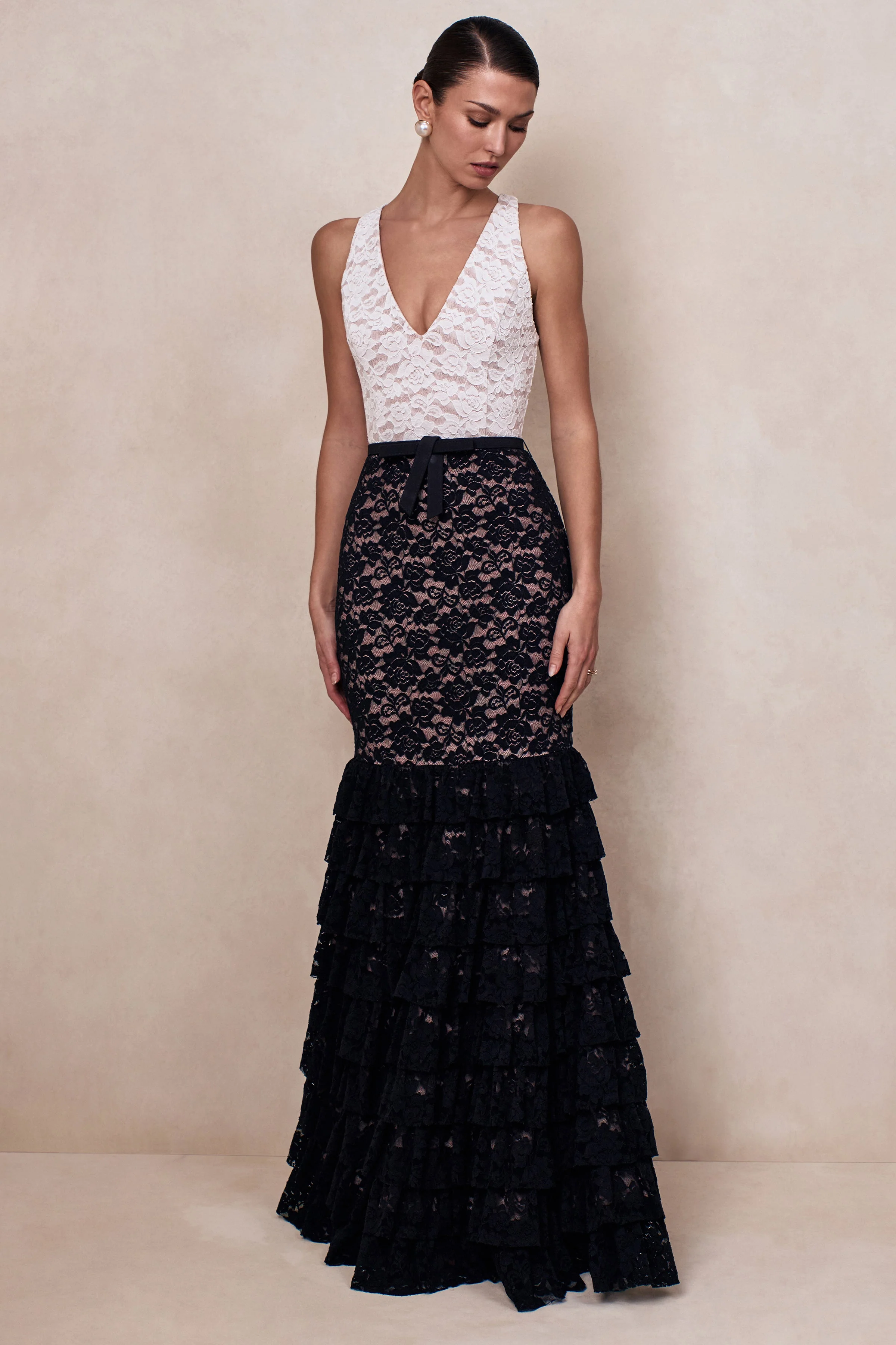 Isoria | Black And White Lace Halter-Neck Maxi Dress With Bow-Belt Detail - Image 6